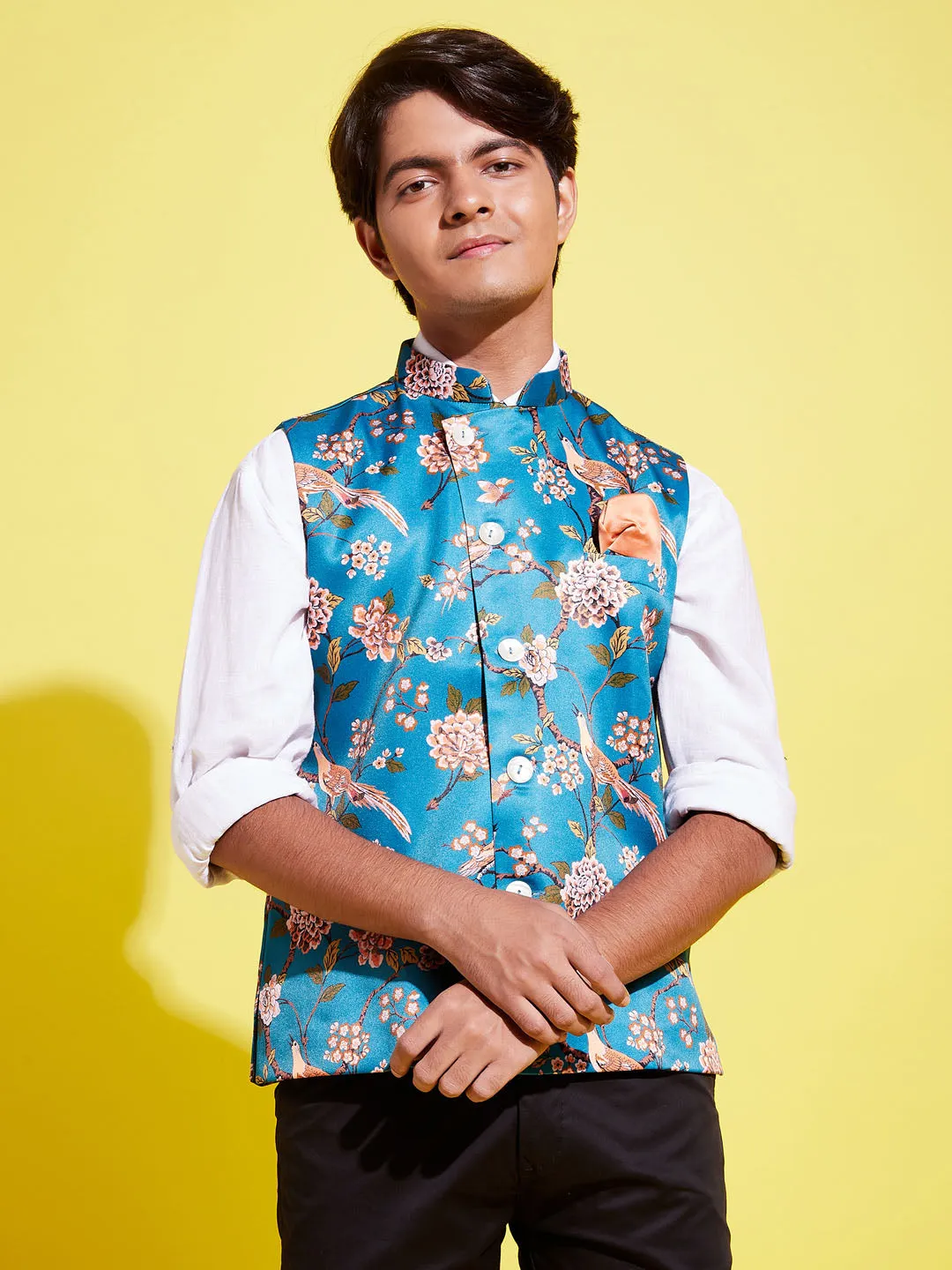 Jashvi Boys Multicolor-Base-Peach Floral Printed Nehru Jacket