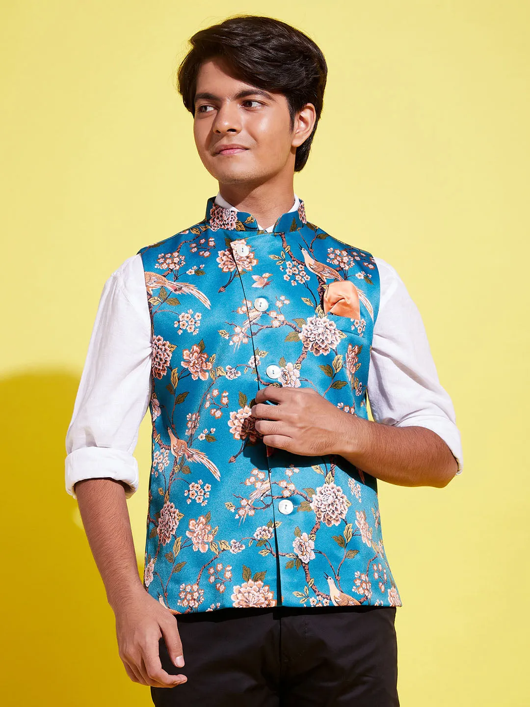 Jashvi Boys Multicolor-Base-Peach Floral Printed Nehru Jacket