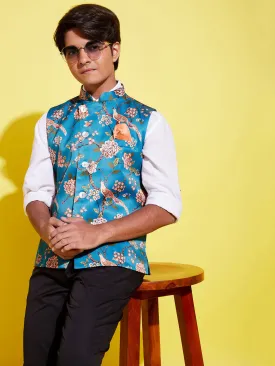 Jashvi Boys Multicolor-Base-Peach Floral Printed Nehru Jacket
