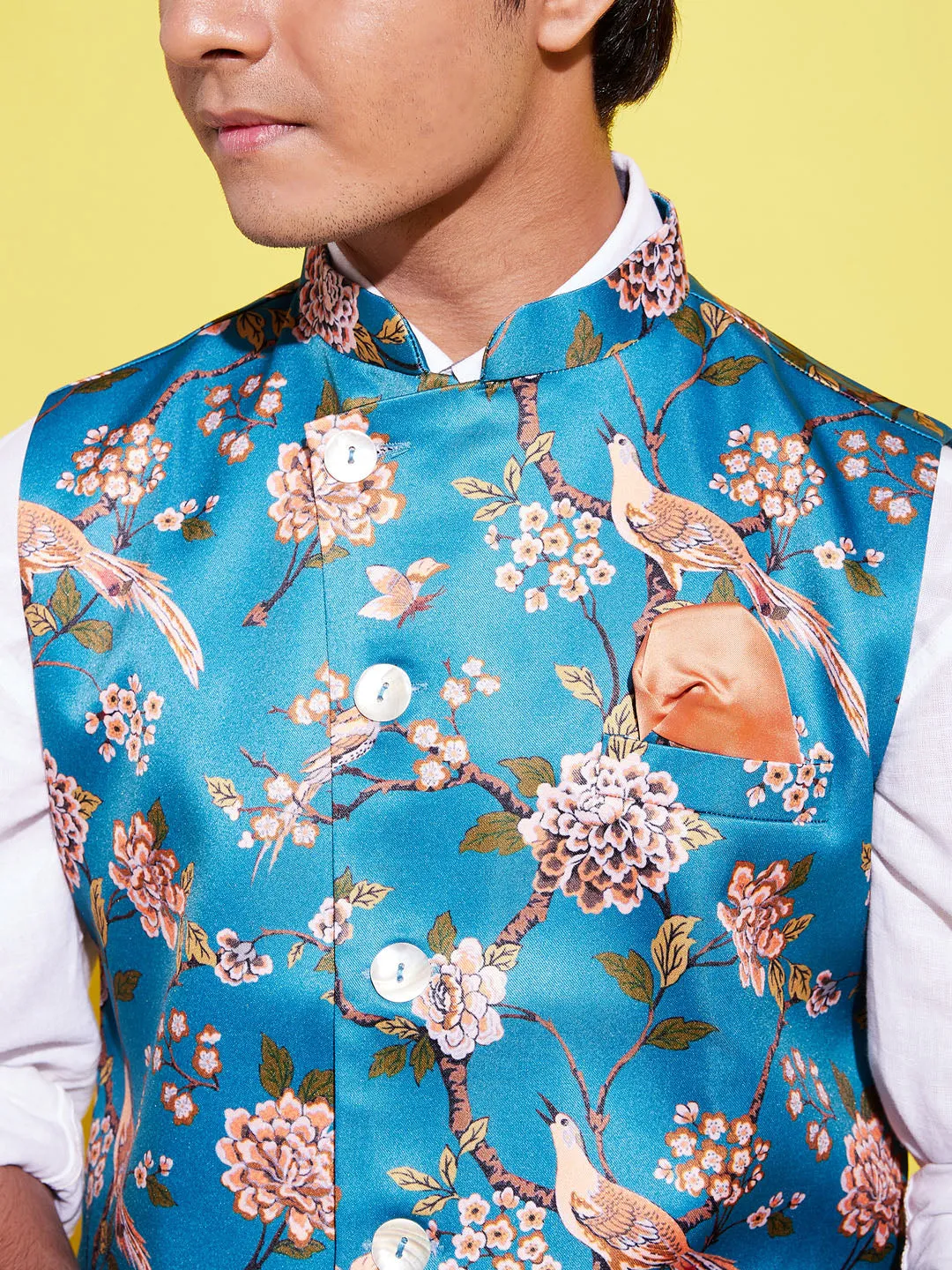 Jashvi Boys Multicolor-Base-Peach Floral Printed Nehru Jacket