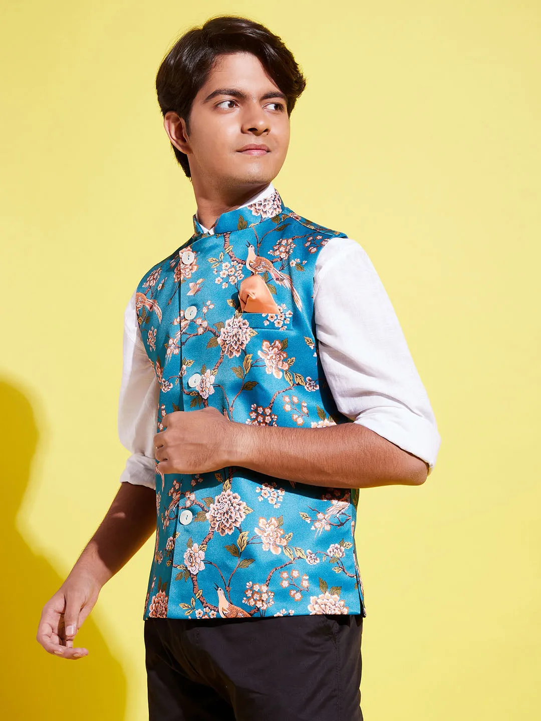 Jashvi Boys Multicolor-Base-Peach Floral Printed Nehru Jacket