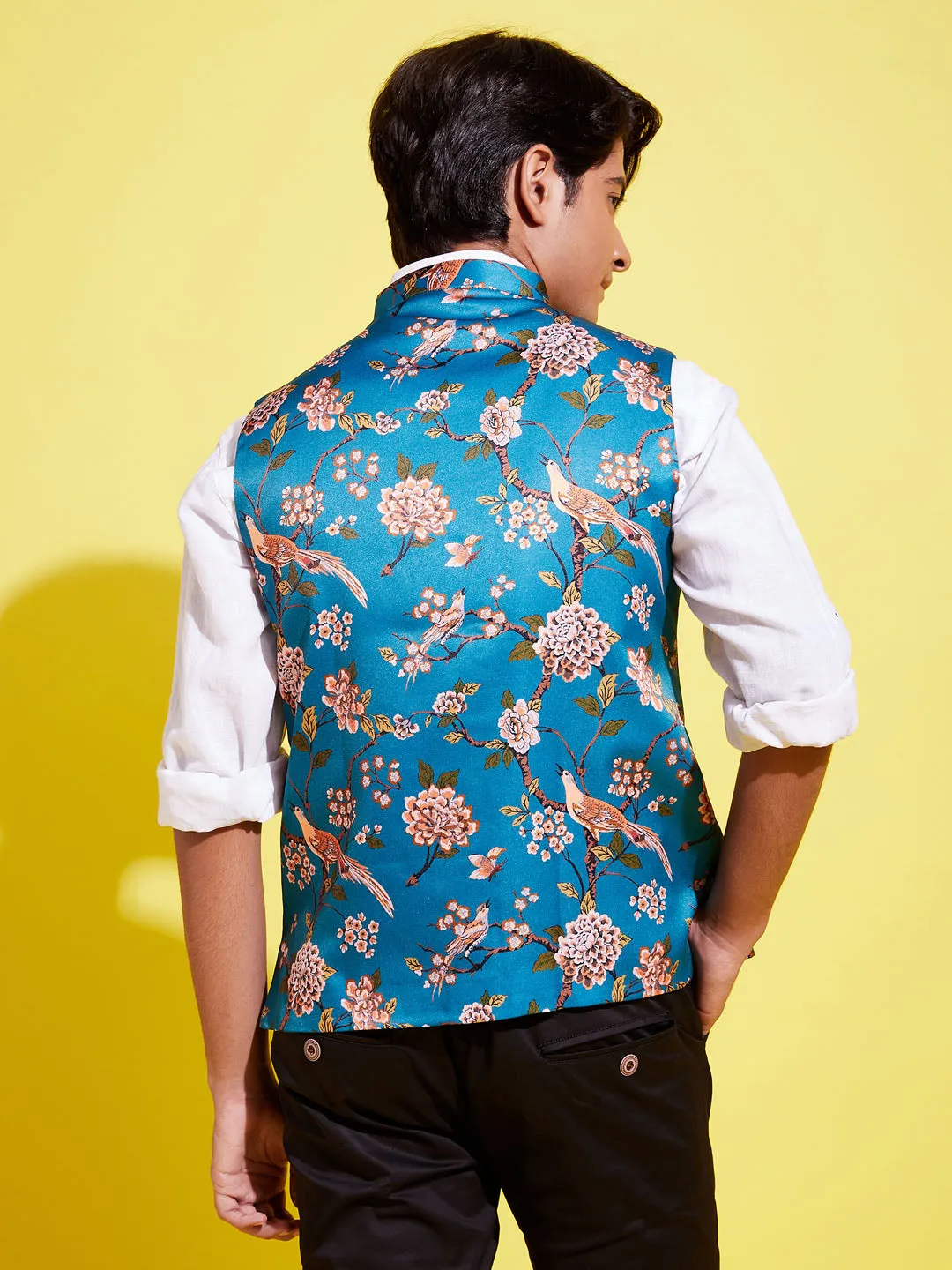 Jashvi Boys Multicolor-Base-Peach Floral Printed Nehru Jacket