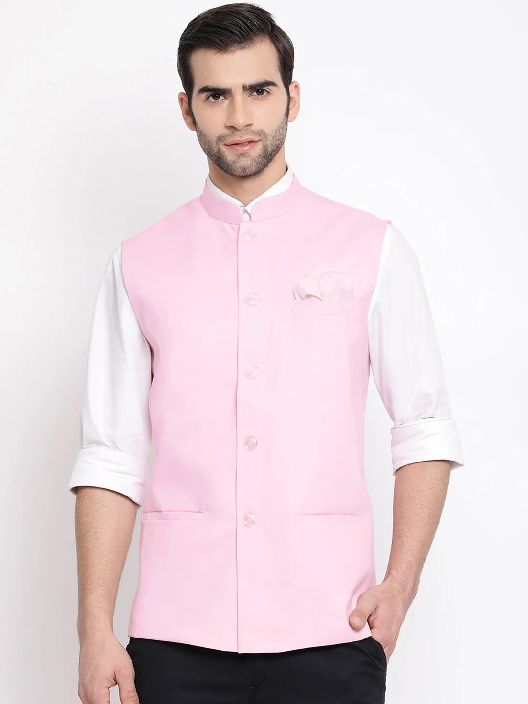Jashvi Men's Pink Solid Classic Royal Cotton Blend Nehru Jacket