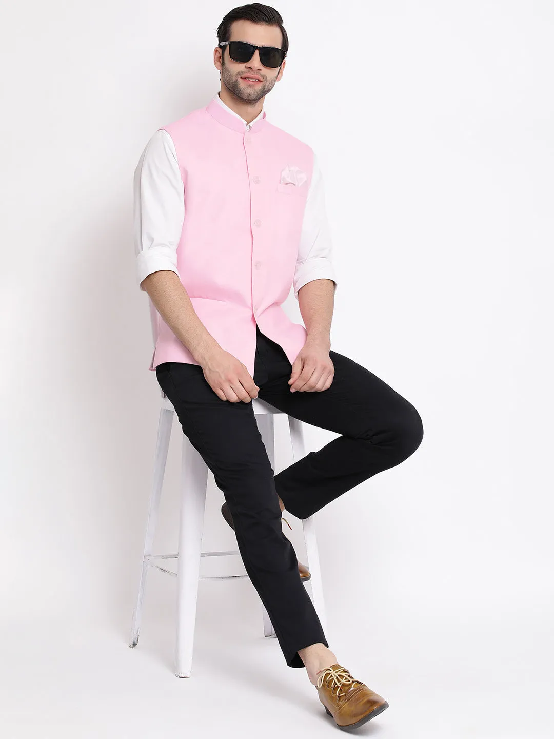Jashvi Men's Pink Solid Classic Royal Cotton Blend Nehru Jacket