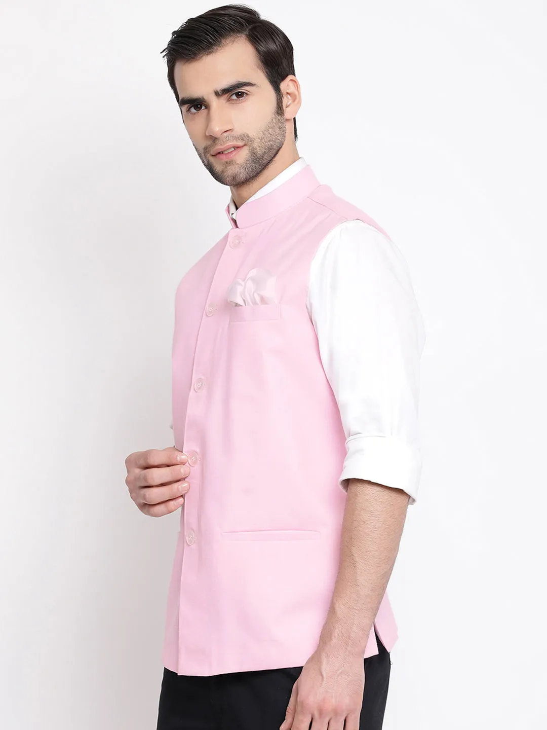 Jashvi Men's Pink Solid Classic Royal Cotton Blend Nehru Jacket