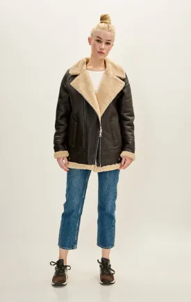 Lambskin Leather Shearling Lined Jacket - Dark Brown