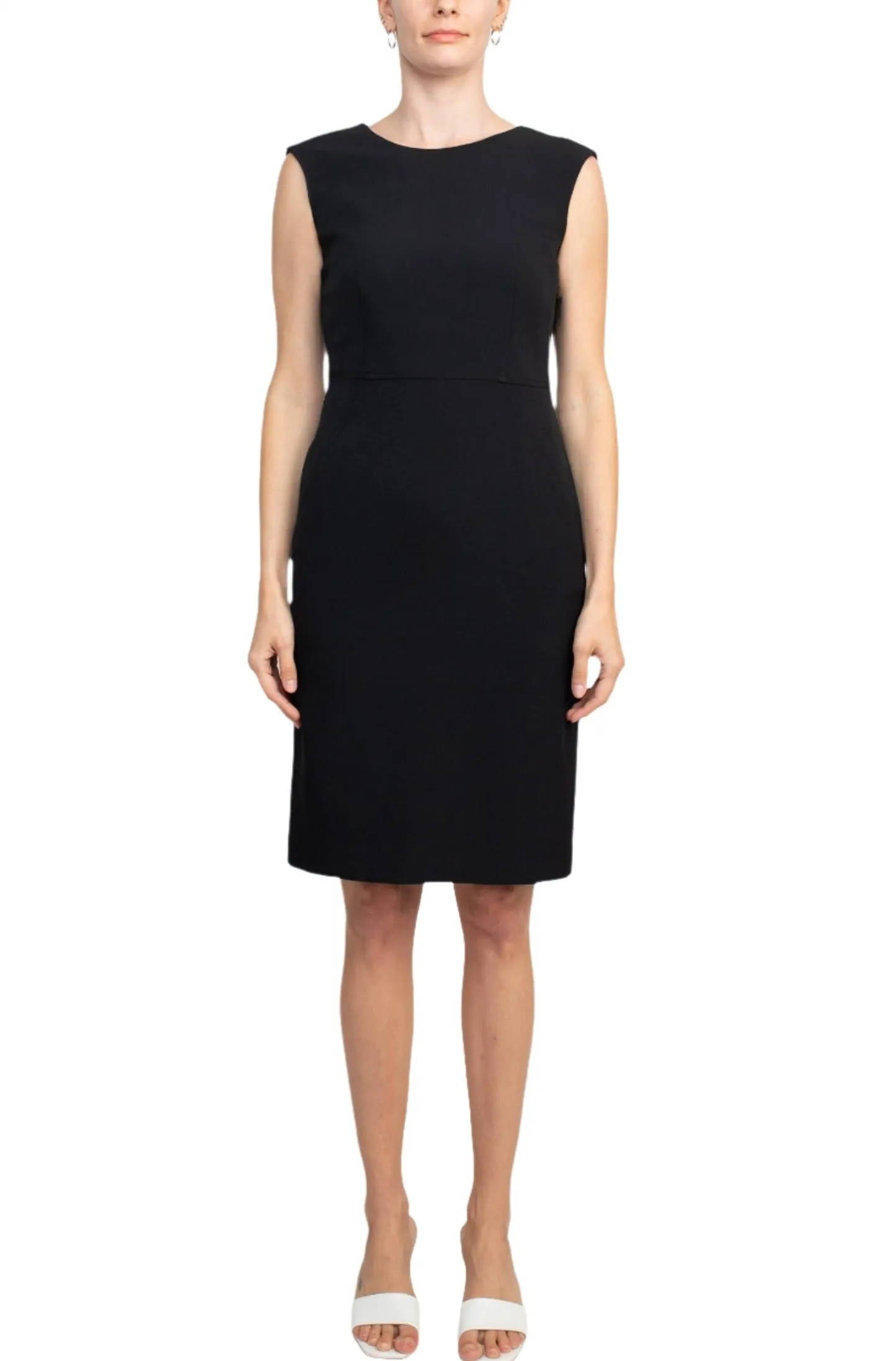 Le Suit Boat Neck Sleeveless Solid Zipper Back Short Crepe Dress with Melange Herringbone Framed Cardi Jacket  (Two Piece)