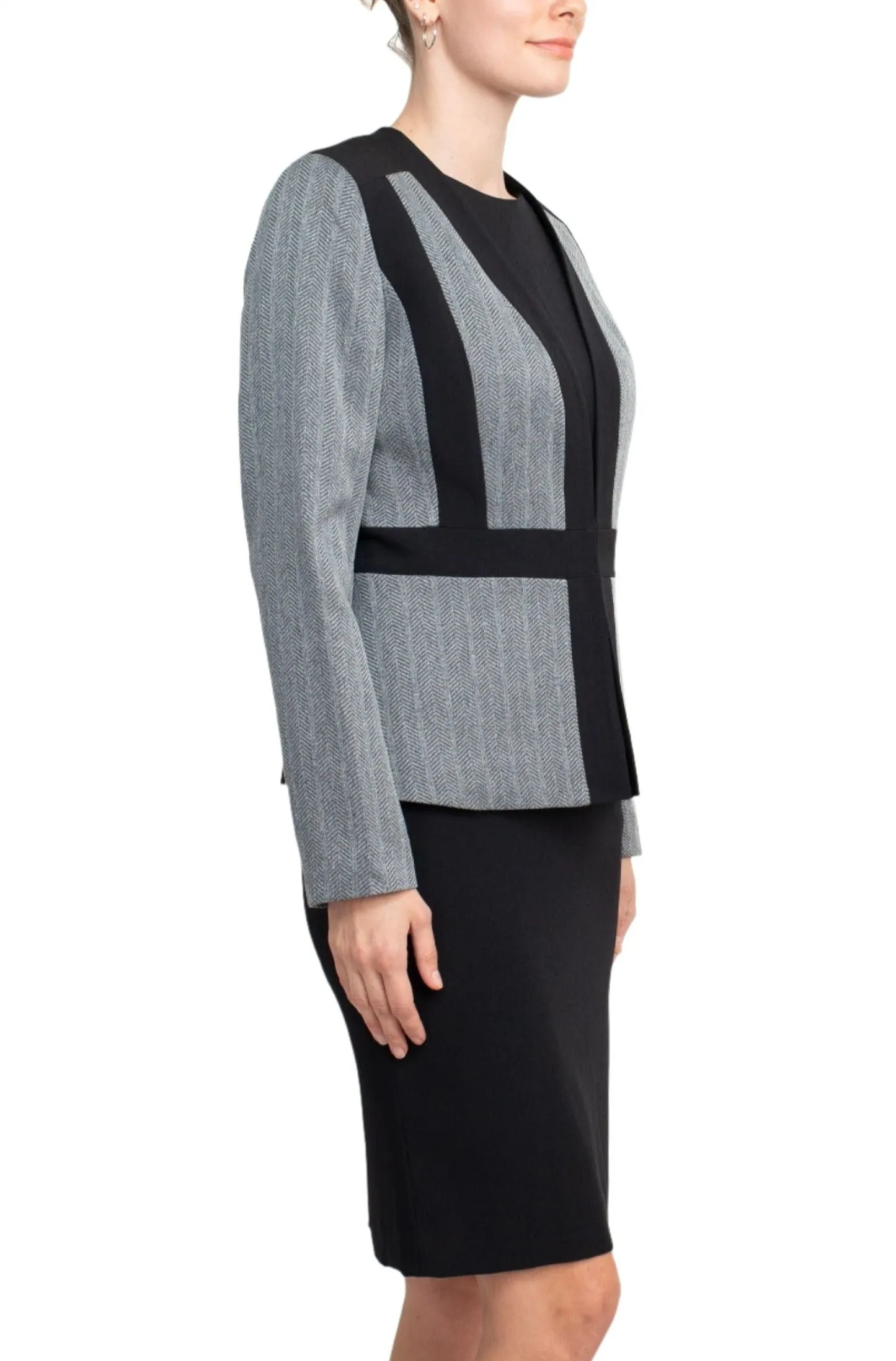 Le Suit Boat Neck Sleeveless Solid Zipper Back Short Crepe Dress with Melange Herringbone Framed Cardi Jacket  (Two Piece)