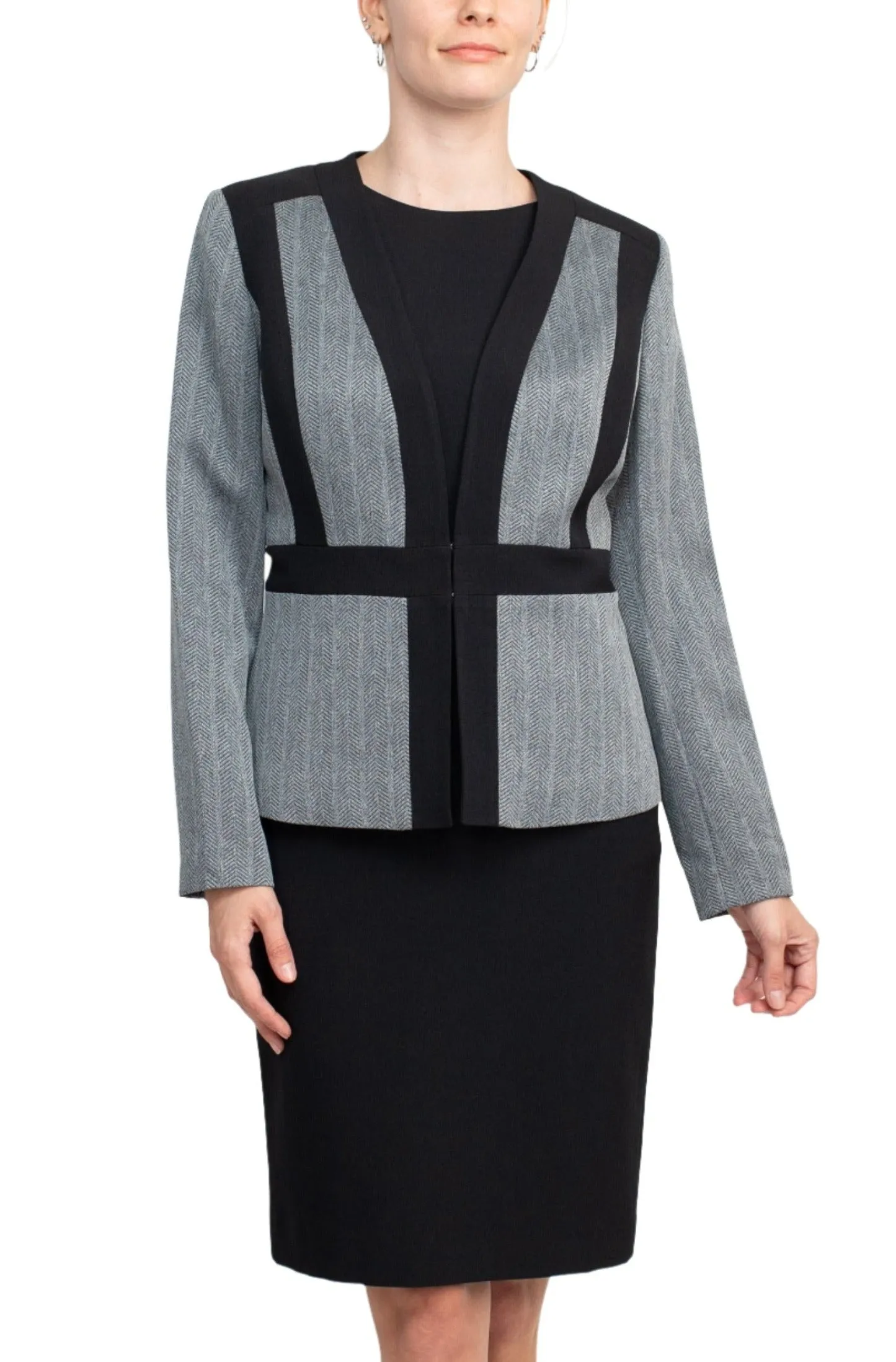 Le Suit Boat Neck Sleeveless Solid Zipper Back Short Crepe Dress with Melange Herringbone Framed Cardi Jacket  (Two Piece)