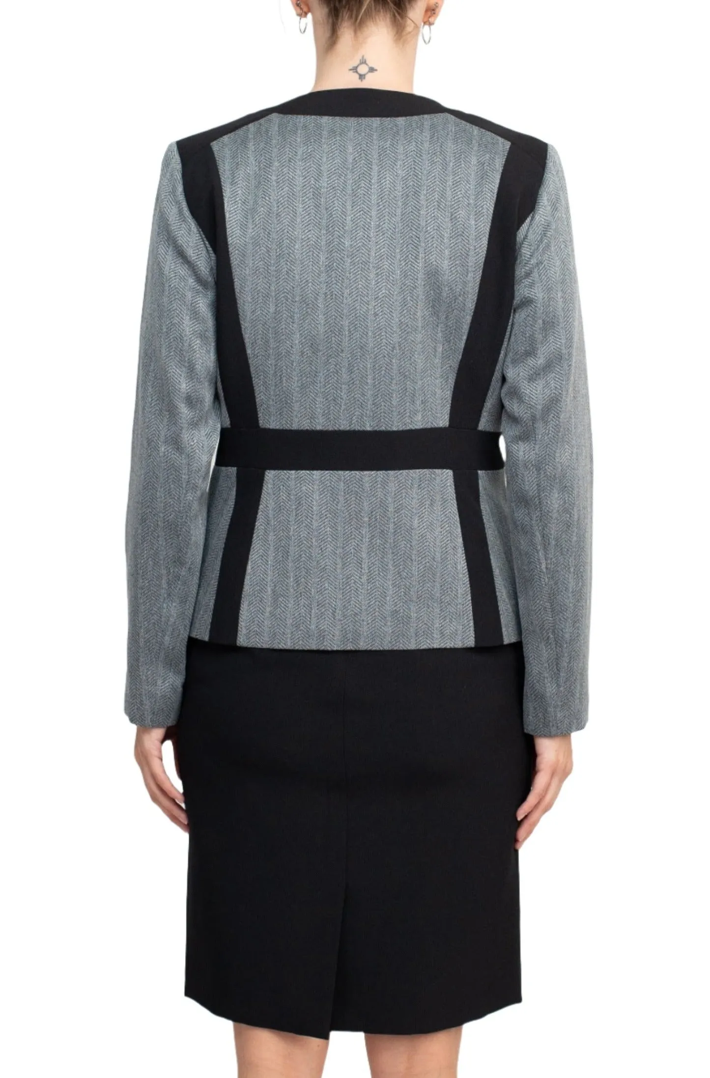 Le Suit Boat Neck Sleeveless Solid Zipper Back Short Crepe Dress with Melange Herringbone Framed Cardi Jacket  (Two Piece)