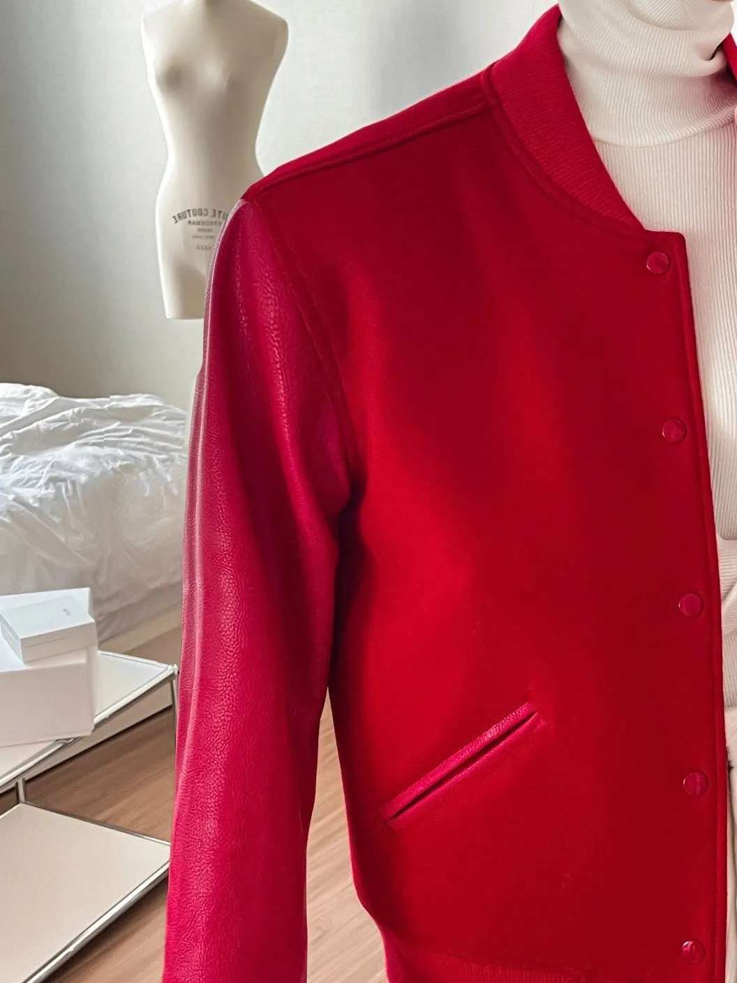 LEATHER SLEEVE WOOL STADIUM JACKET