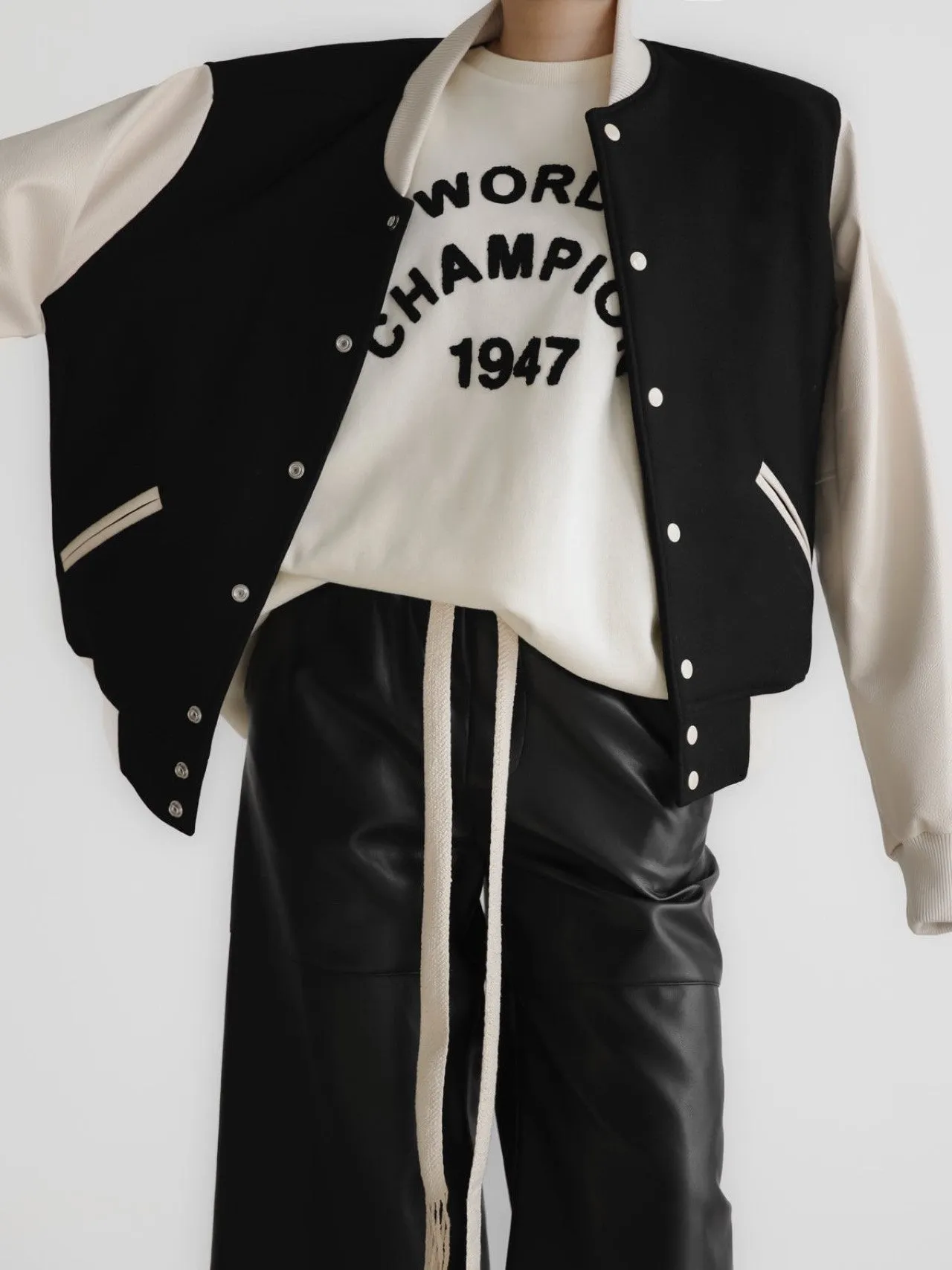 LEATHER SLEEVE WOOL STADIUM JACKET