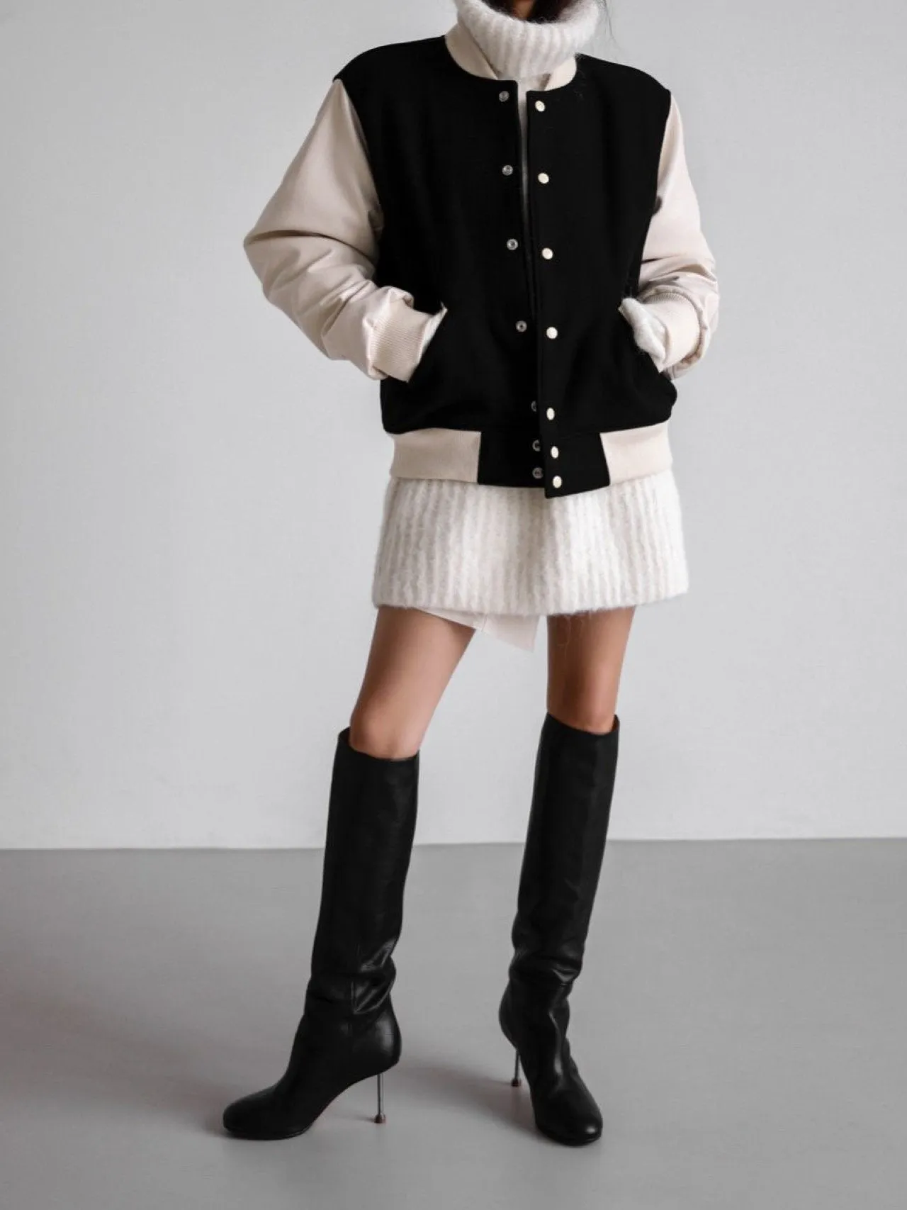 LEATHER SLEEVE WOOL STADIUM JACKET