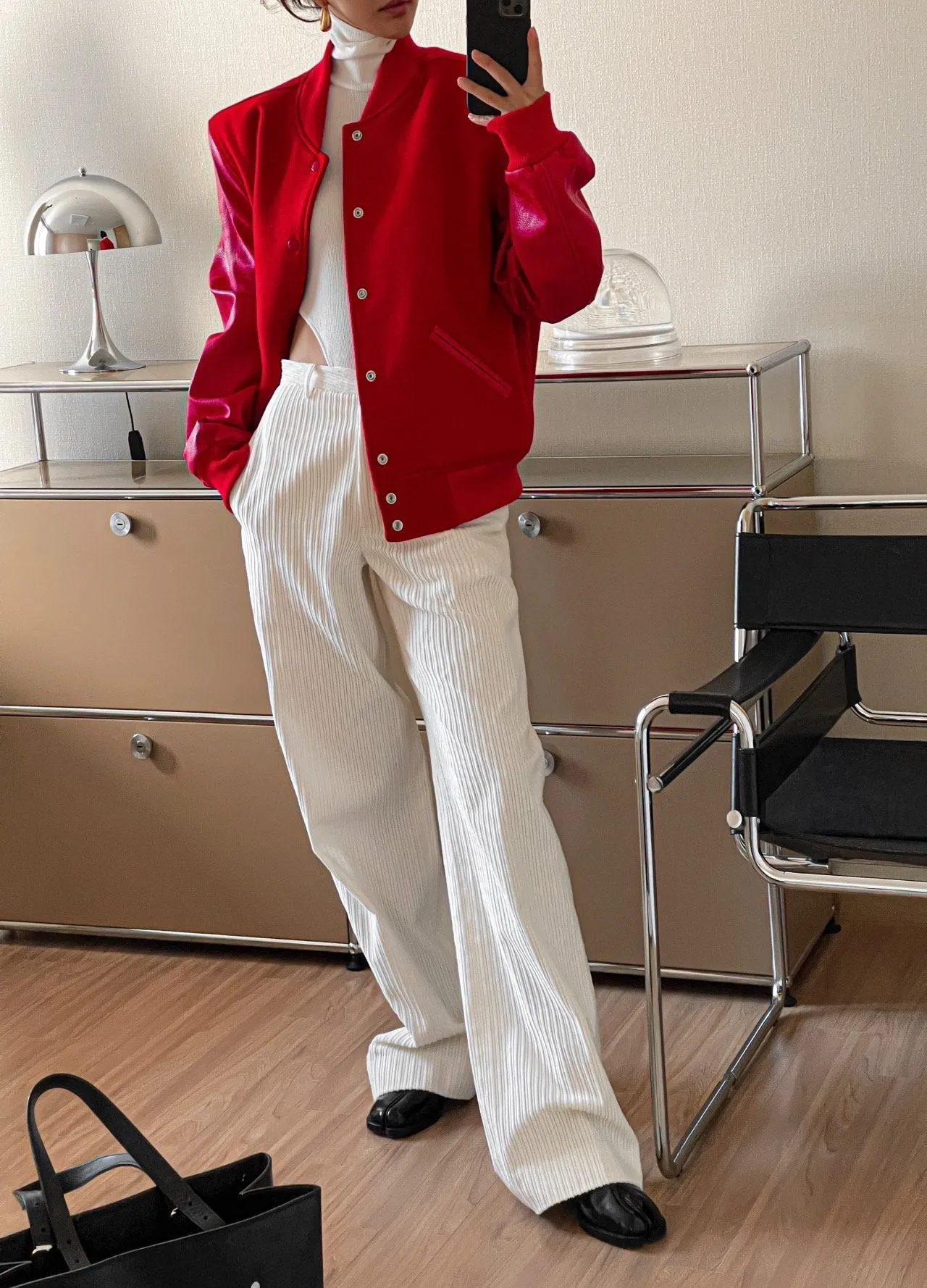 LEATHER SLEEVE WOOL STADIUM JACKET