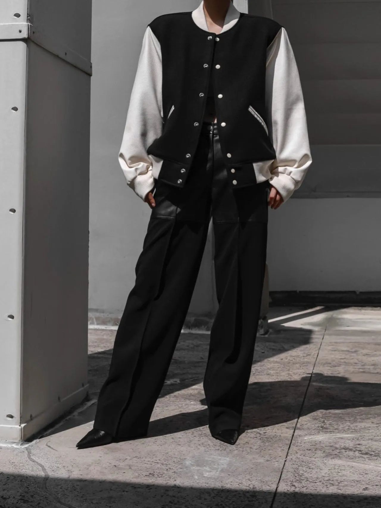 LEATHER SLEEVE WOOL STADIUM JACKET