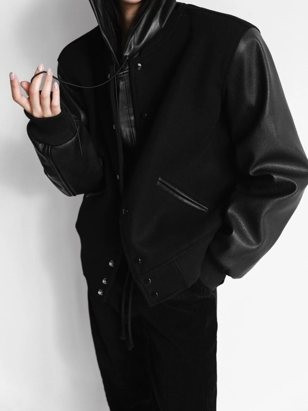LEATHER SLEEVE WOOL STADIUM JACKET