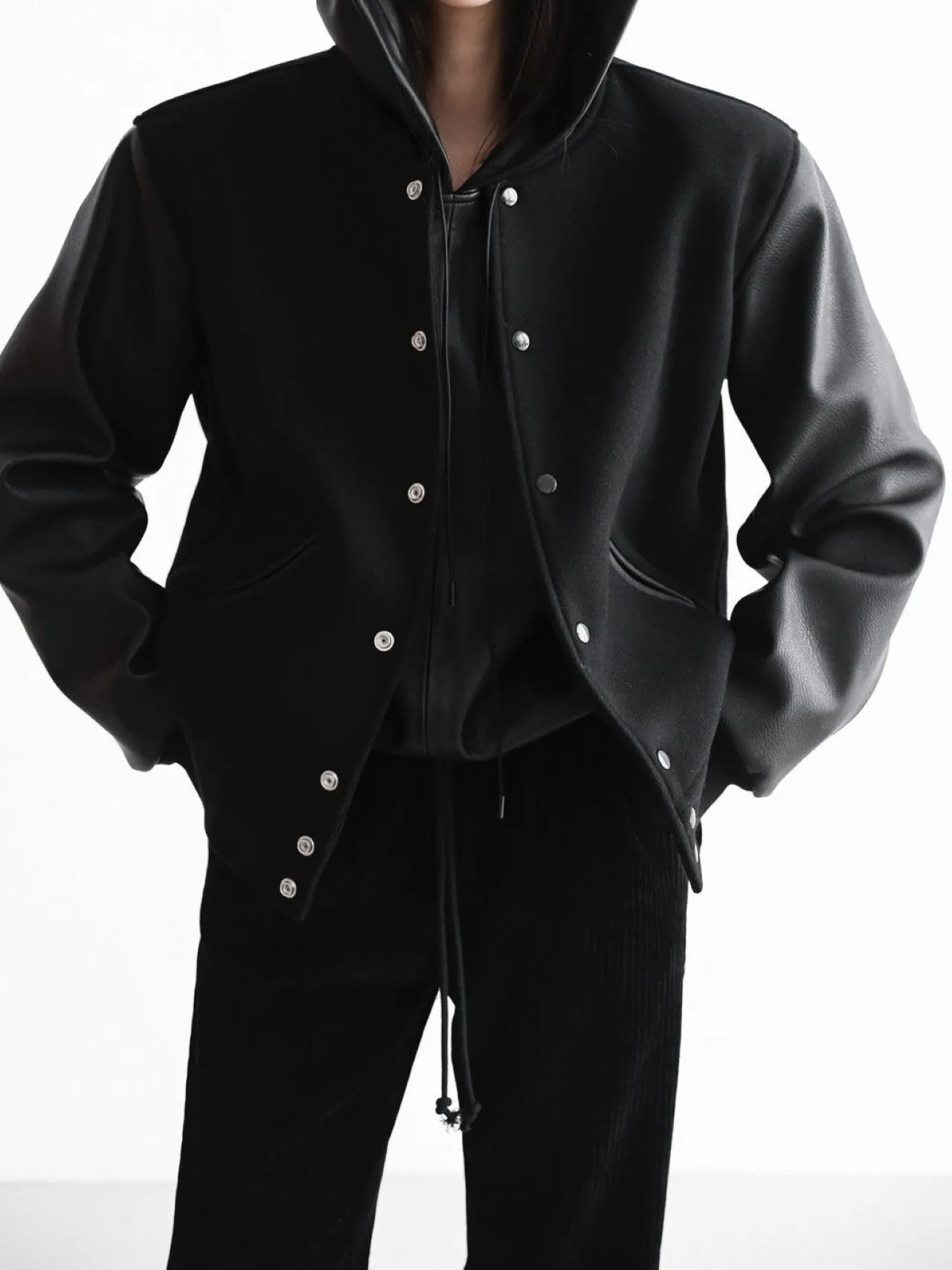LEATHER SLEEVE WOOL STADIUM JACKET