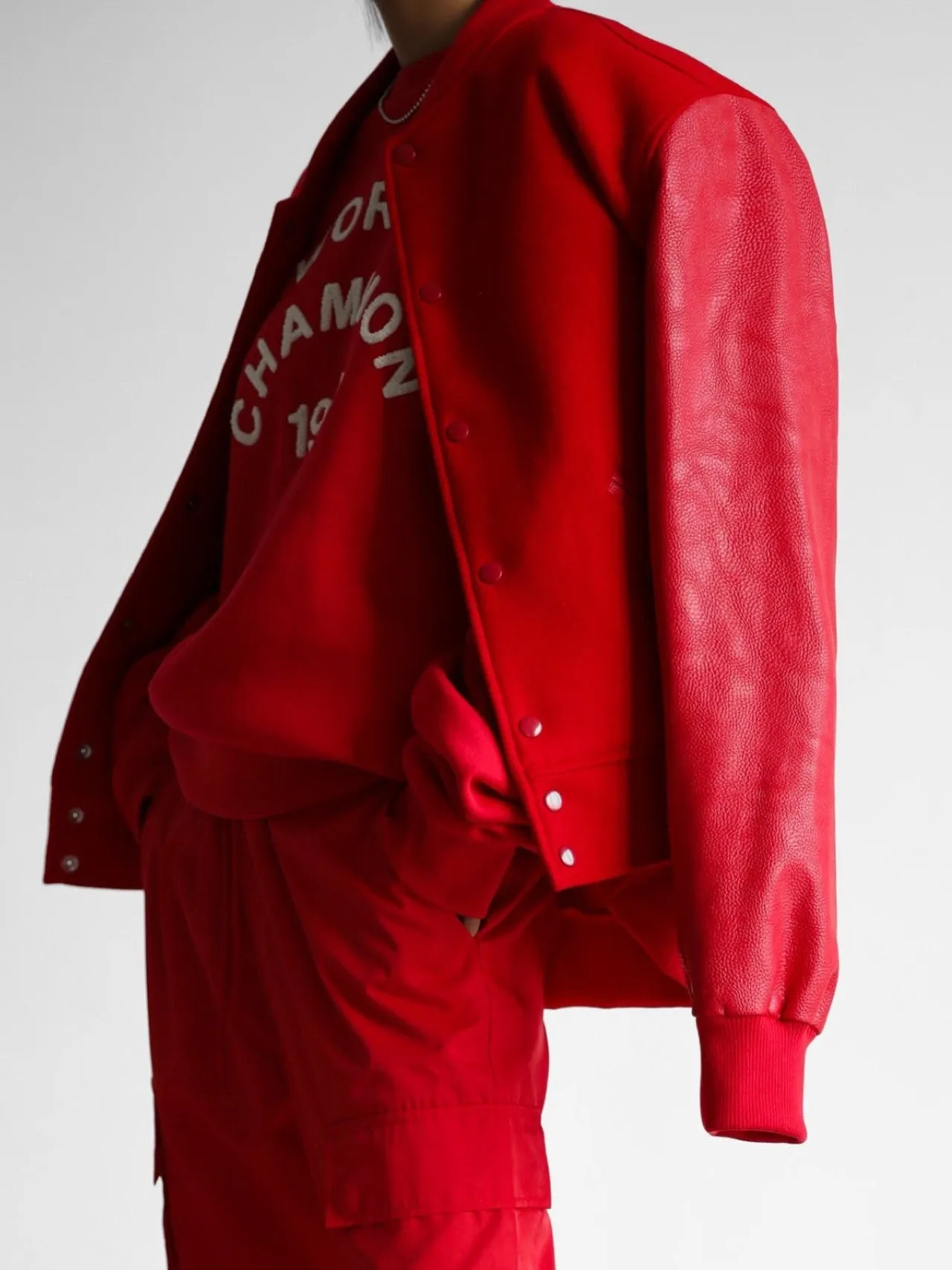 LEATHER SLEEVE WOOL STADIUM JACKET