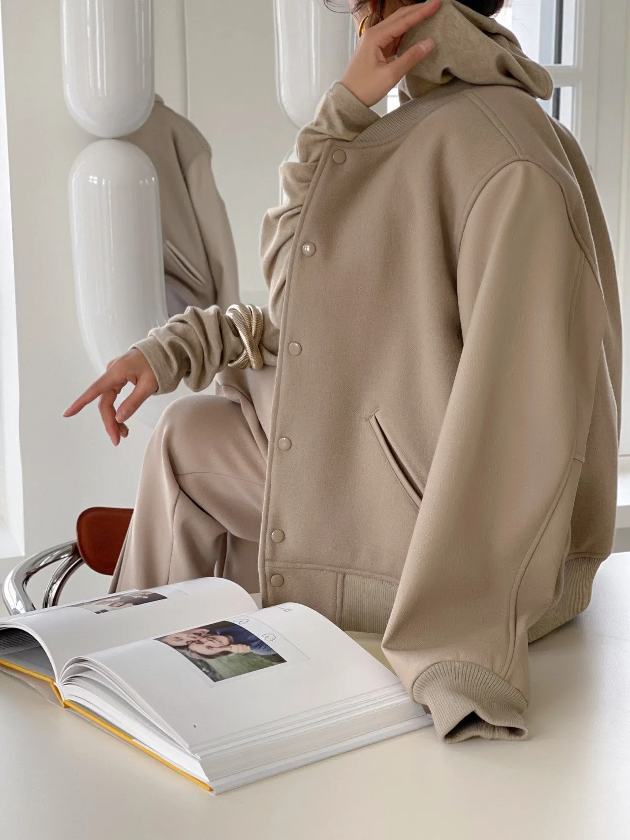 LEATHER SLEEVE WOOL STADIUM JACKET