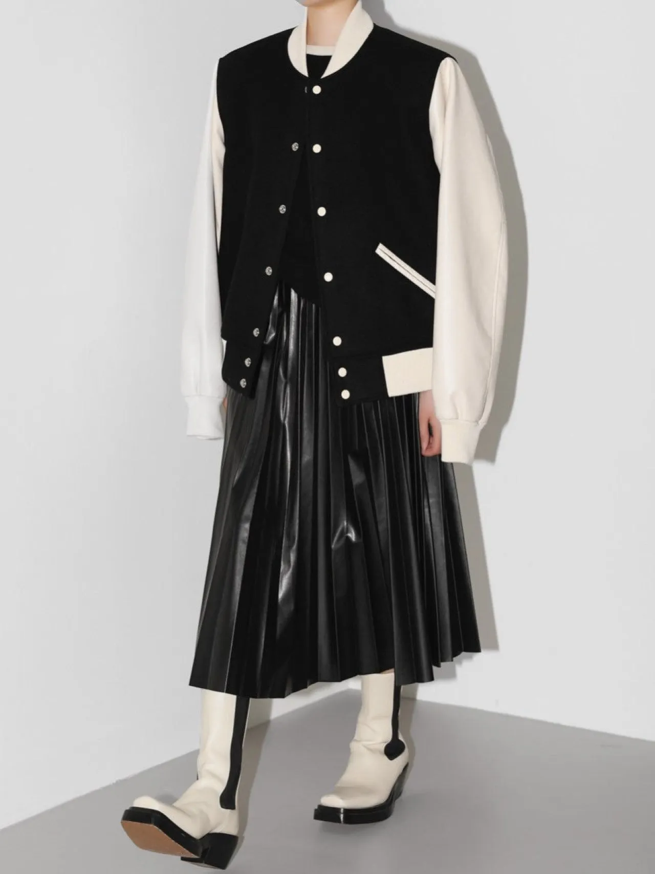 LEATHER SLEEVE WOOL STADIUM JACKET