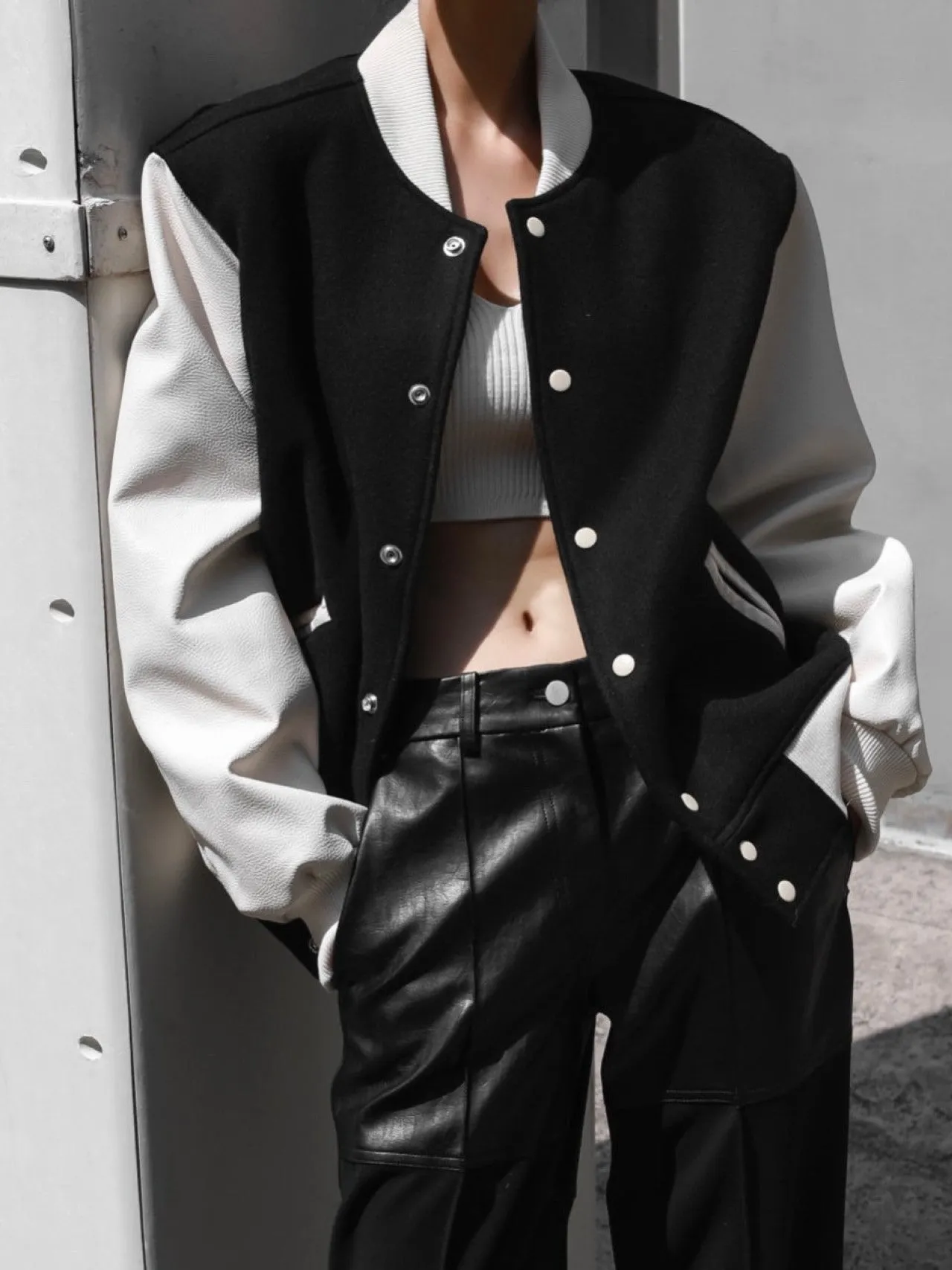 LEATHER SLEEVE WOOL STADIUM JACKET