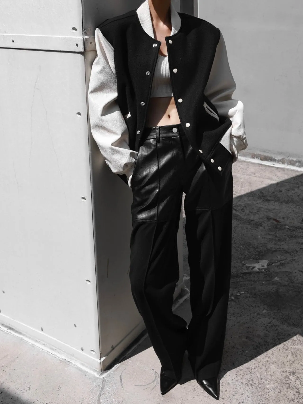 LEATHER SLEEVE WOOL STADIUM JACKET