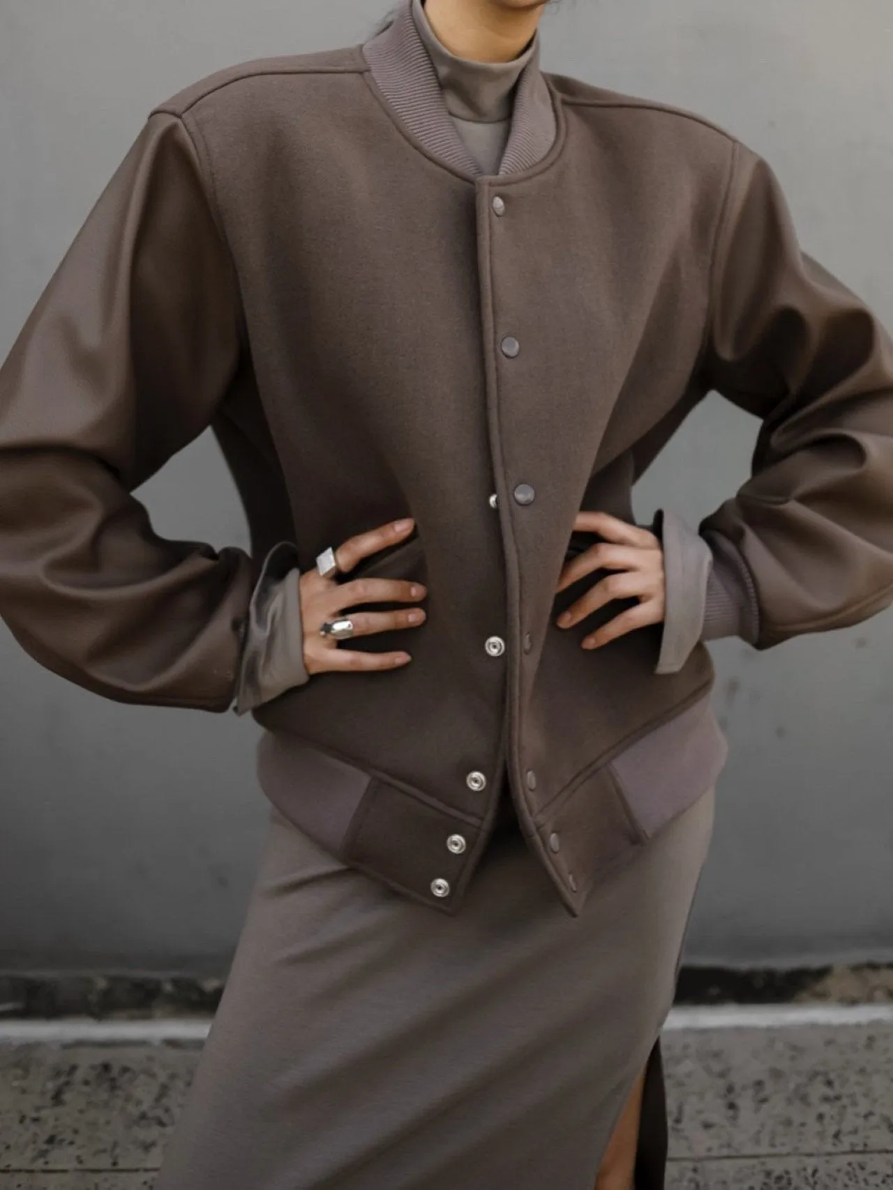 LEATHER SLEEVE WOOL STADIUM JACKET