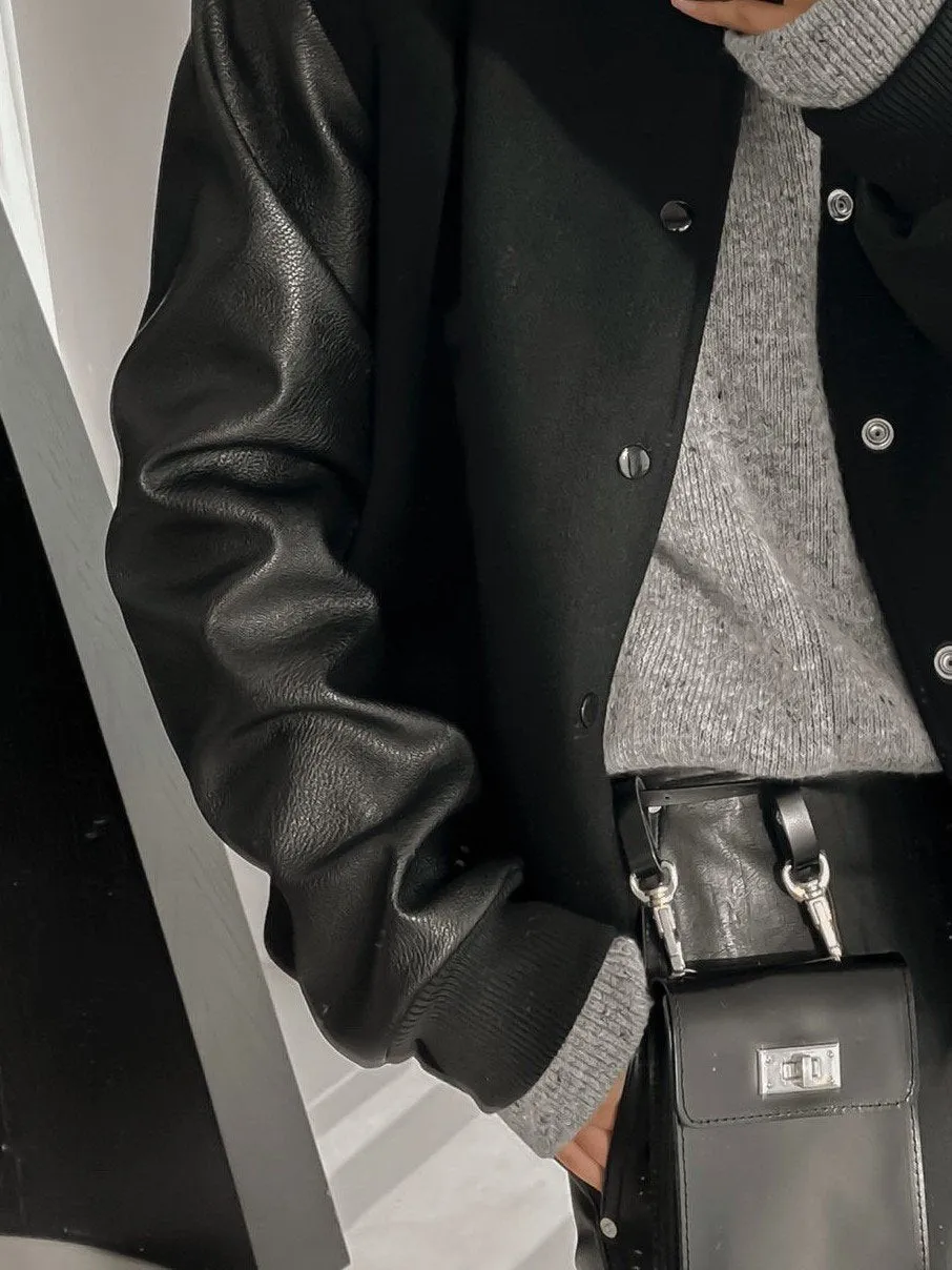 LEATHER SLEEVE WOOL STADIUM JACKET