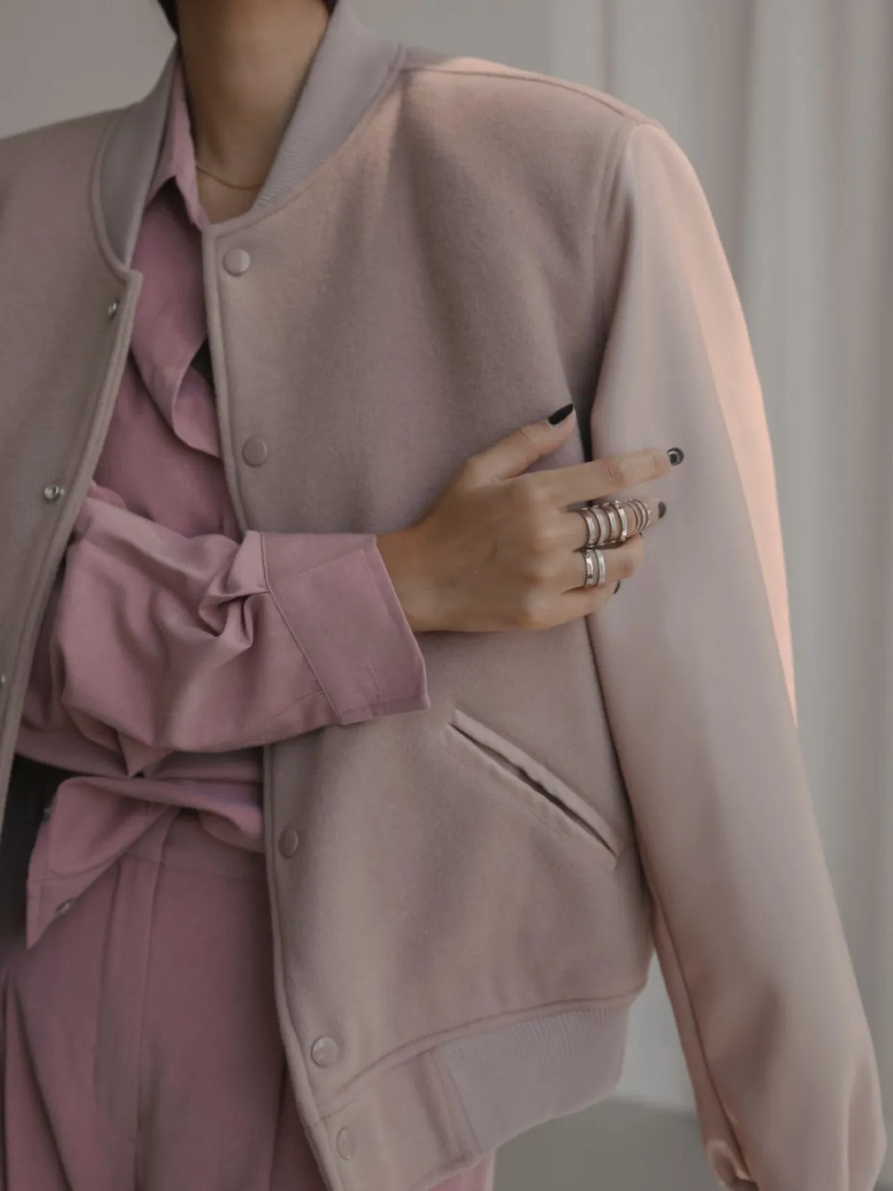 LEATHER SLEEVE WOOL STADIUM JACKET