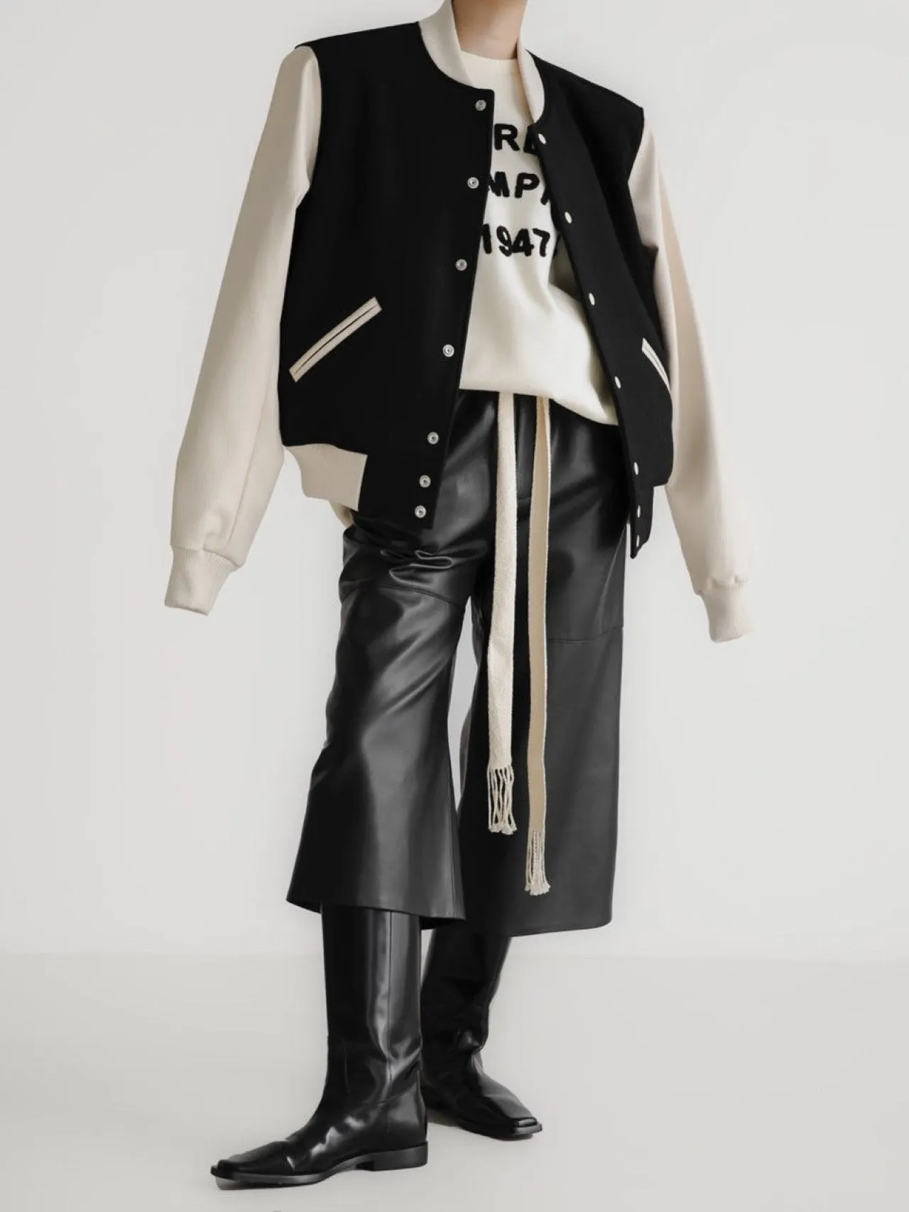 LEATHER SLEEVE WOOL STADIUM JACKET