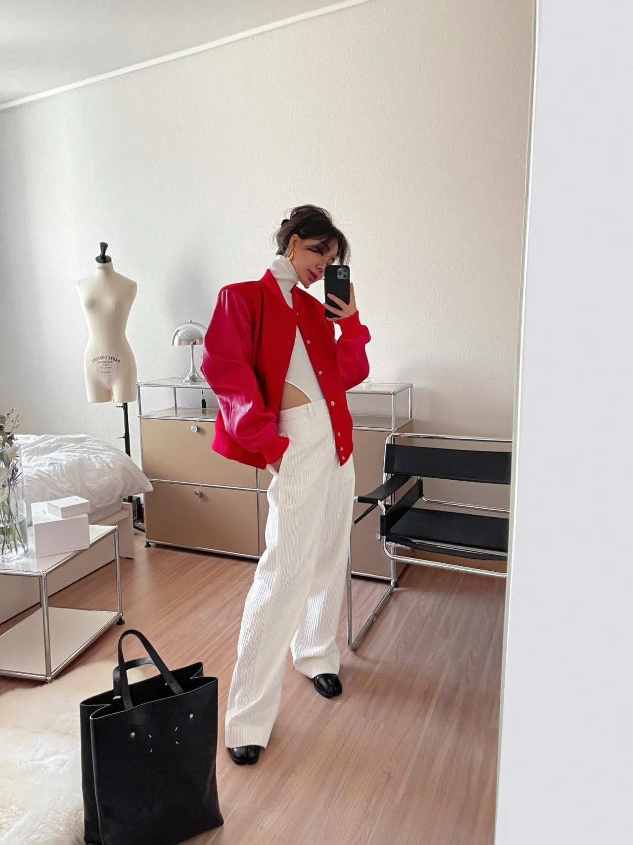 LEATHER SLEEVE WOOL STADIUM JACKET