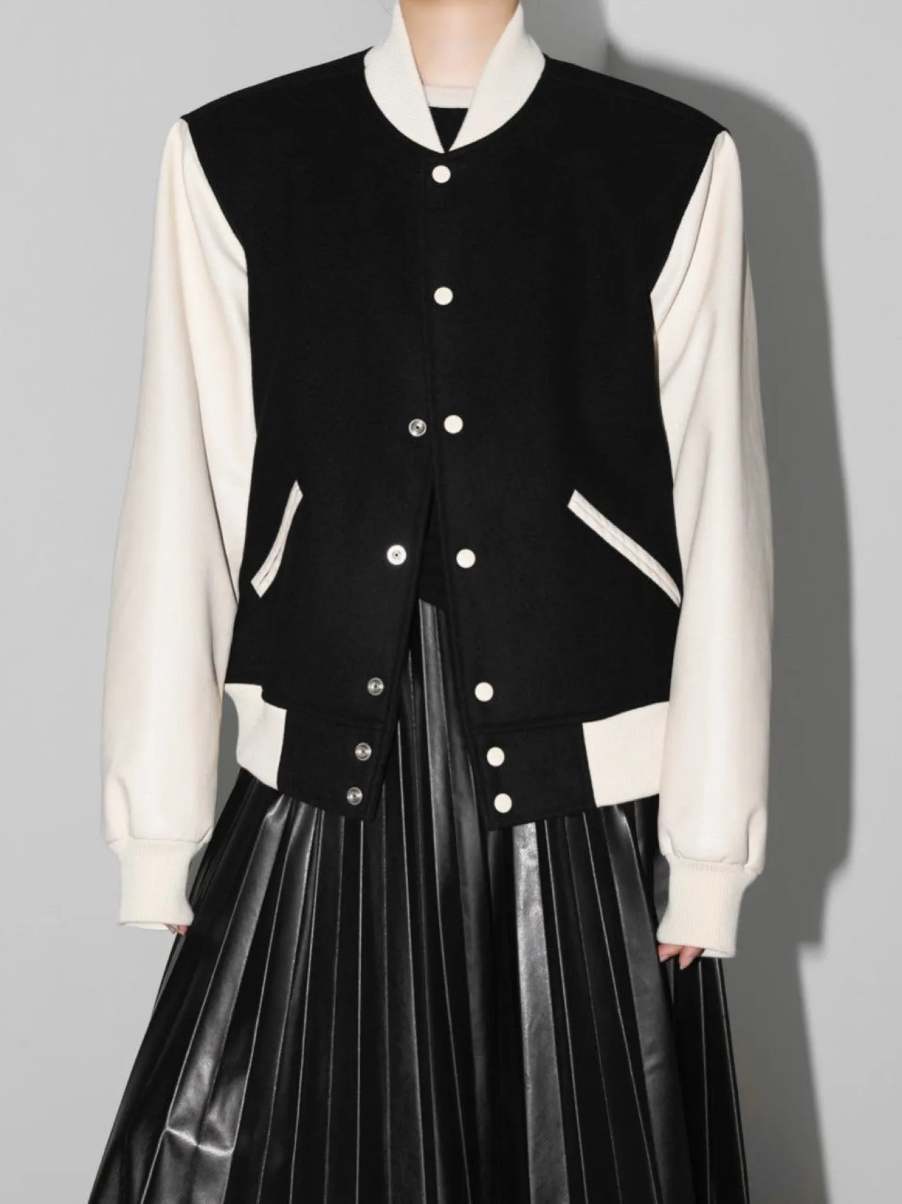 LEATHER SLEEVE WOOL STADIUM JACKET