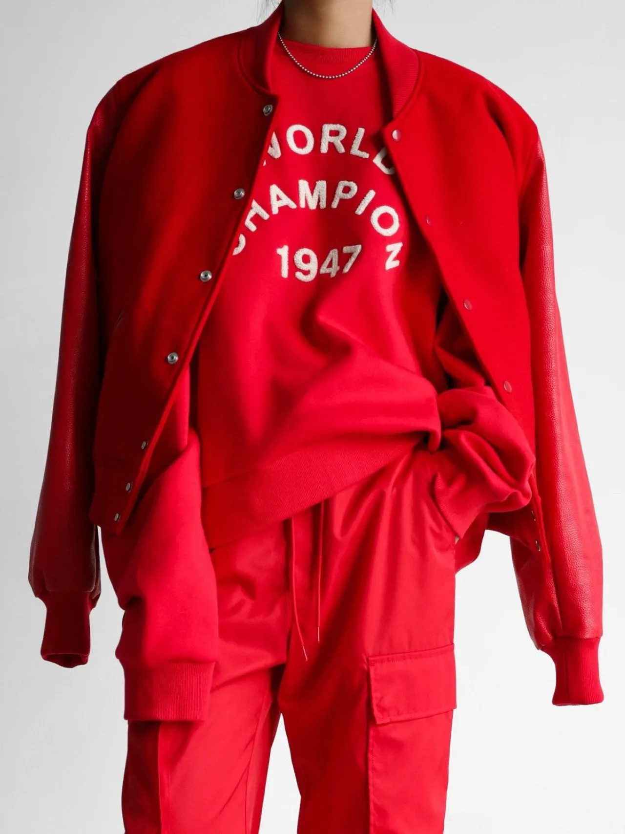 LEATHER SLEEVE WOOL STADIUM JACKET