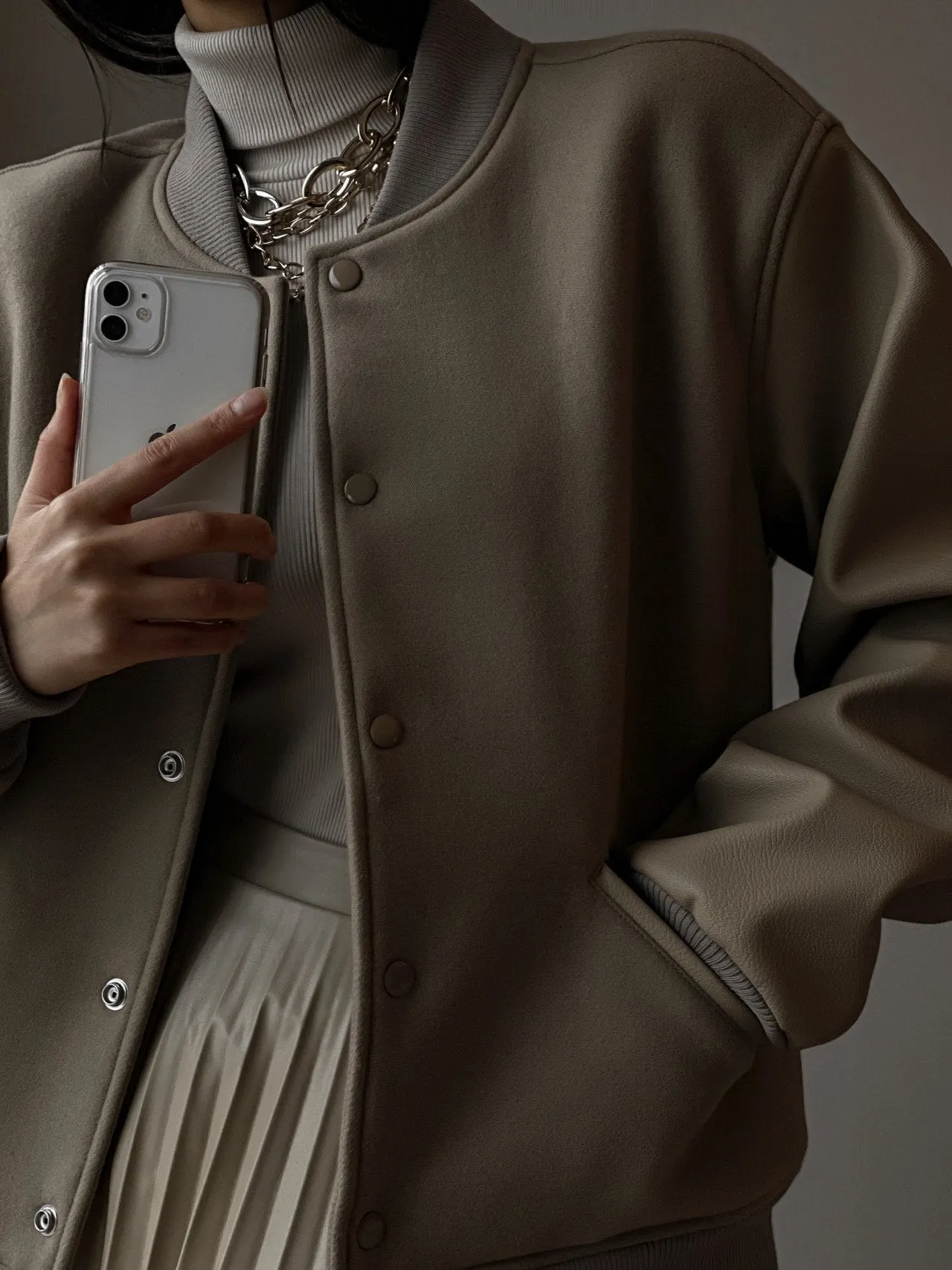 LEATHER SLEEVE WOOL STADIUM JACKET