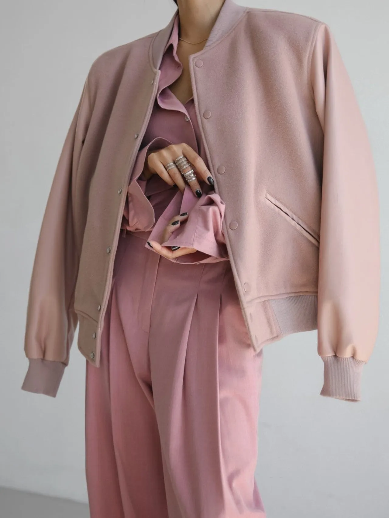 LEATHER SLEEVE WOOL STADIUM JACKET