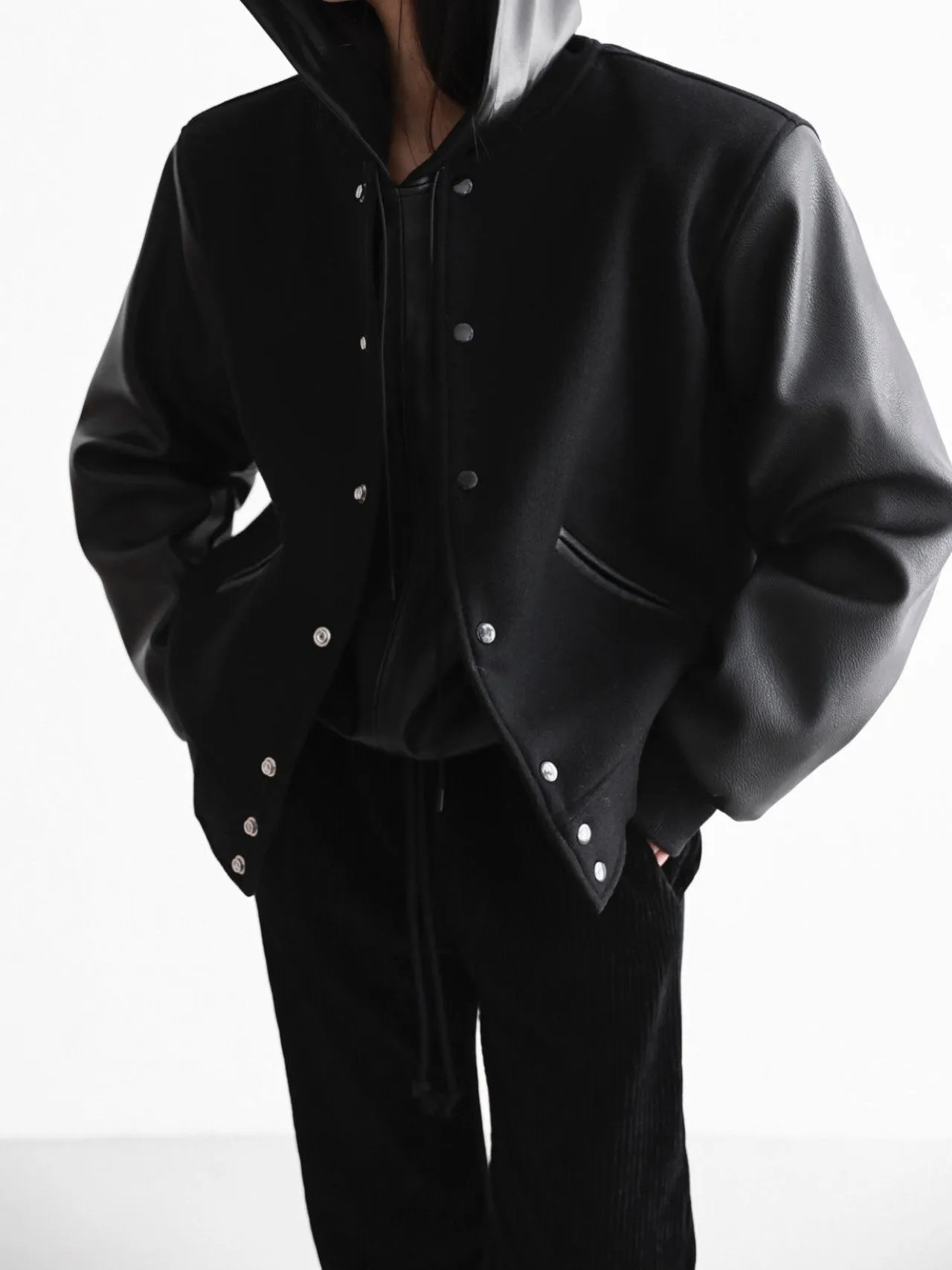 LEATHER SLEEVE WOOL STADIUM JACKET