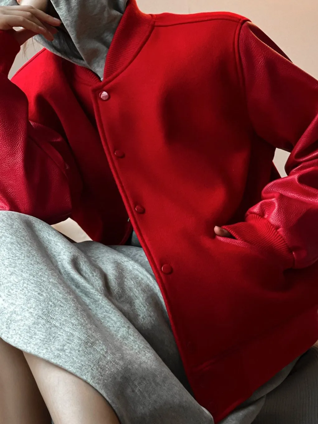LEATHER SLEEVE WOOL STADIUM JACKET