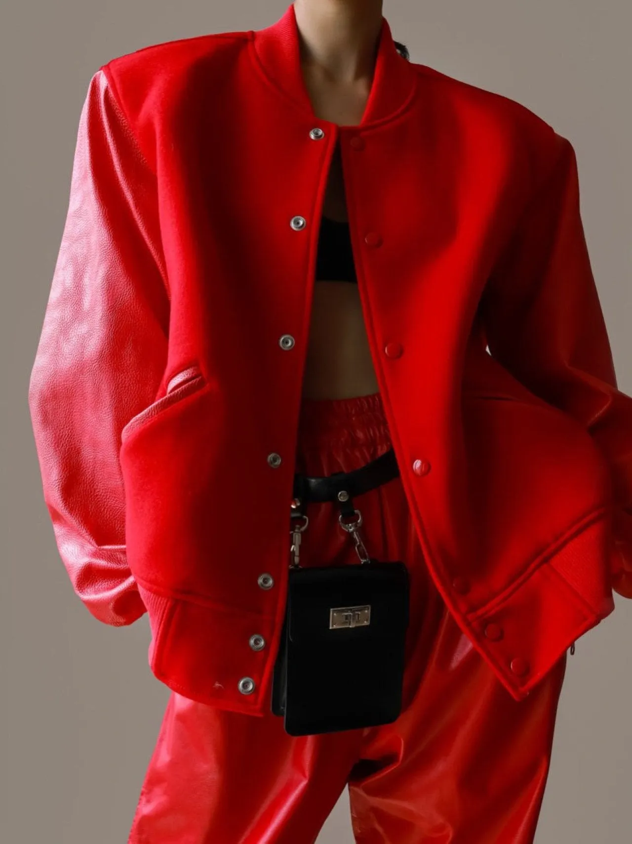 LEATHER SLEEVE WOOL STADIUM JACKET
