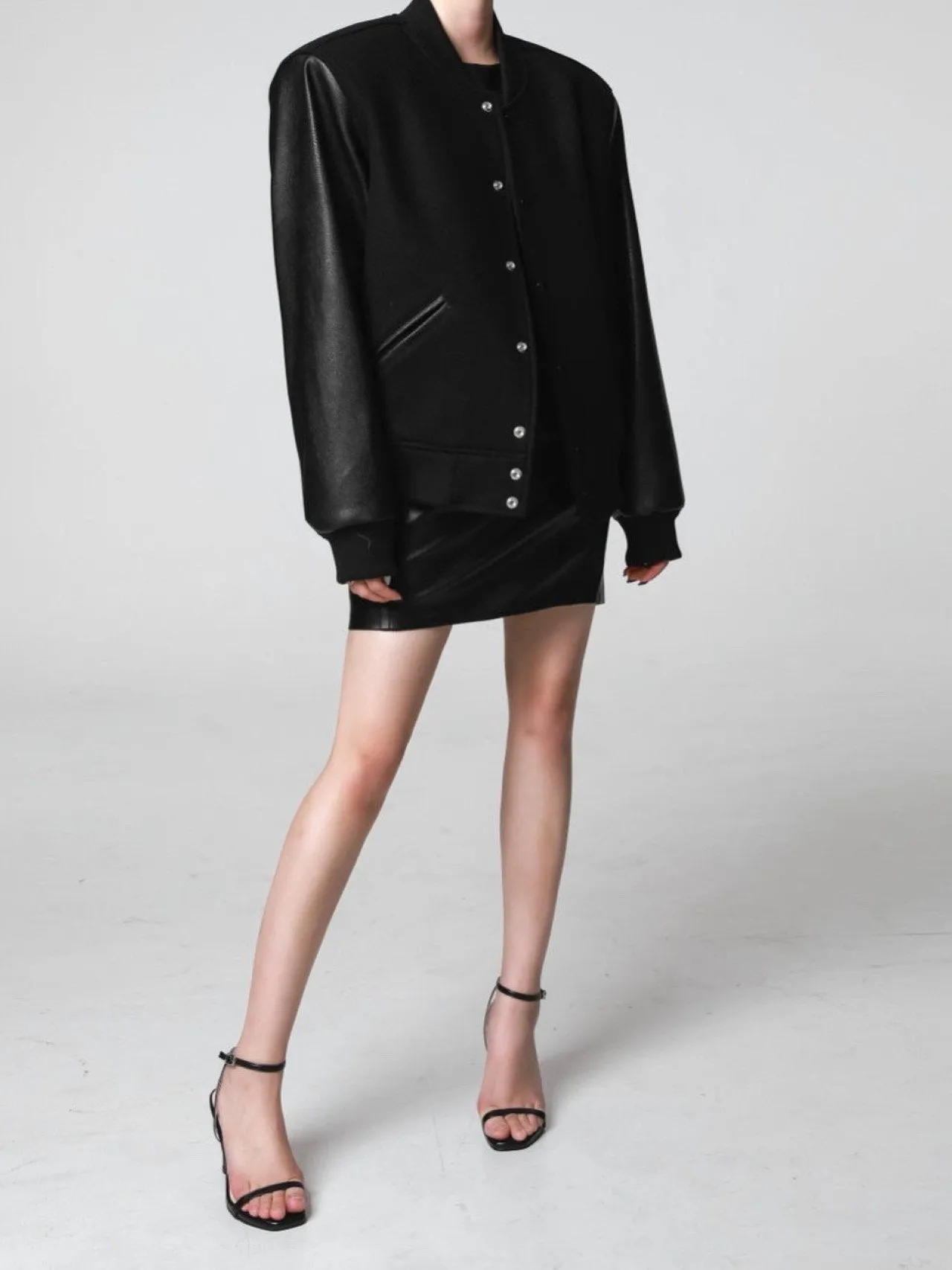 LEATHER SLEEVE WOOL STADIUM JACKET