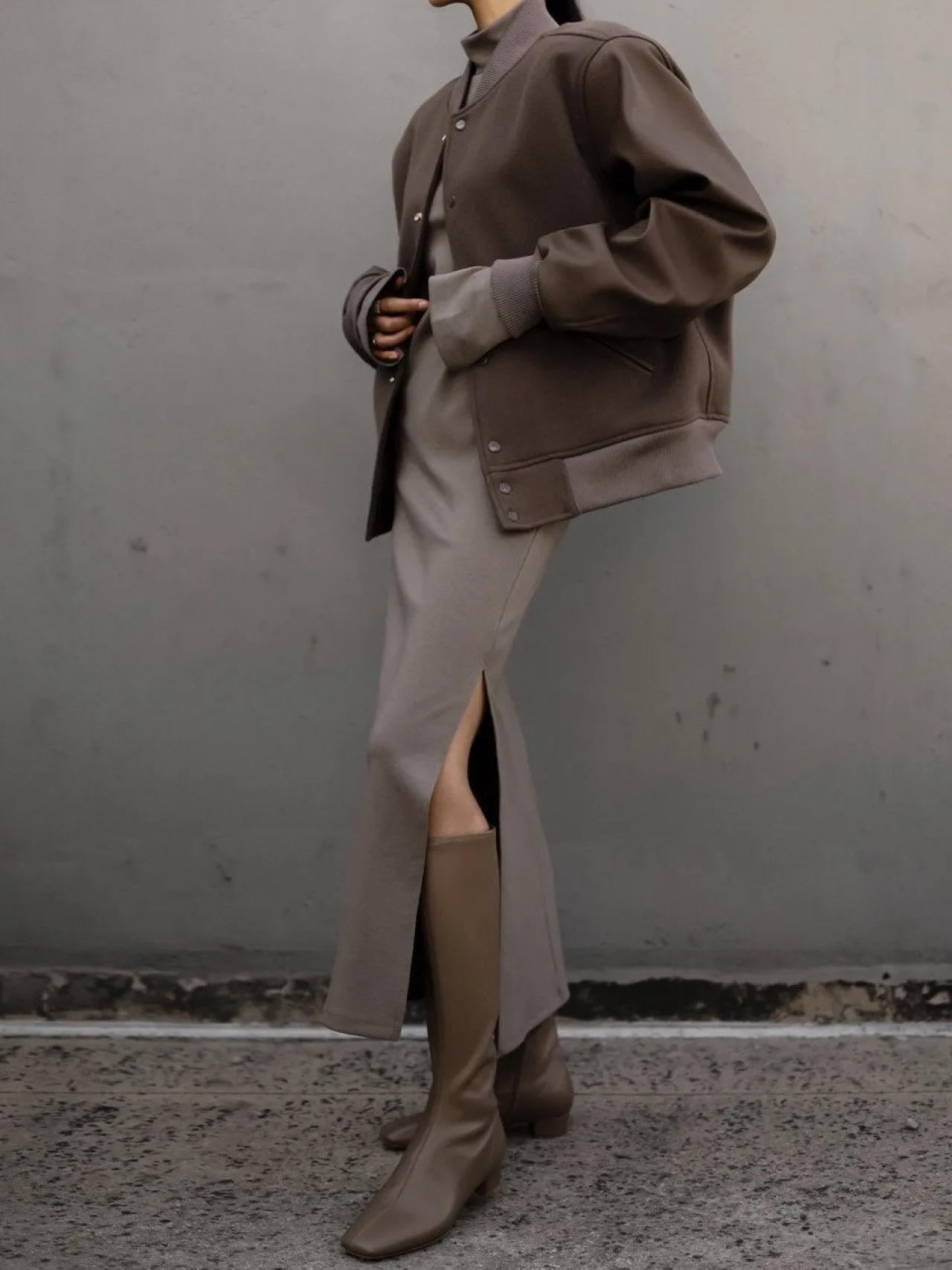 LEATHER SLEEVE WOOL STADIUM JACKET