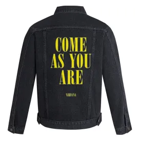 Mens COME AS YOU ARE Letter Graphic Button Up Denim Jacket