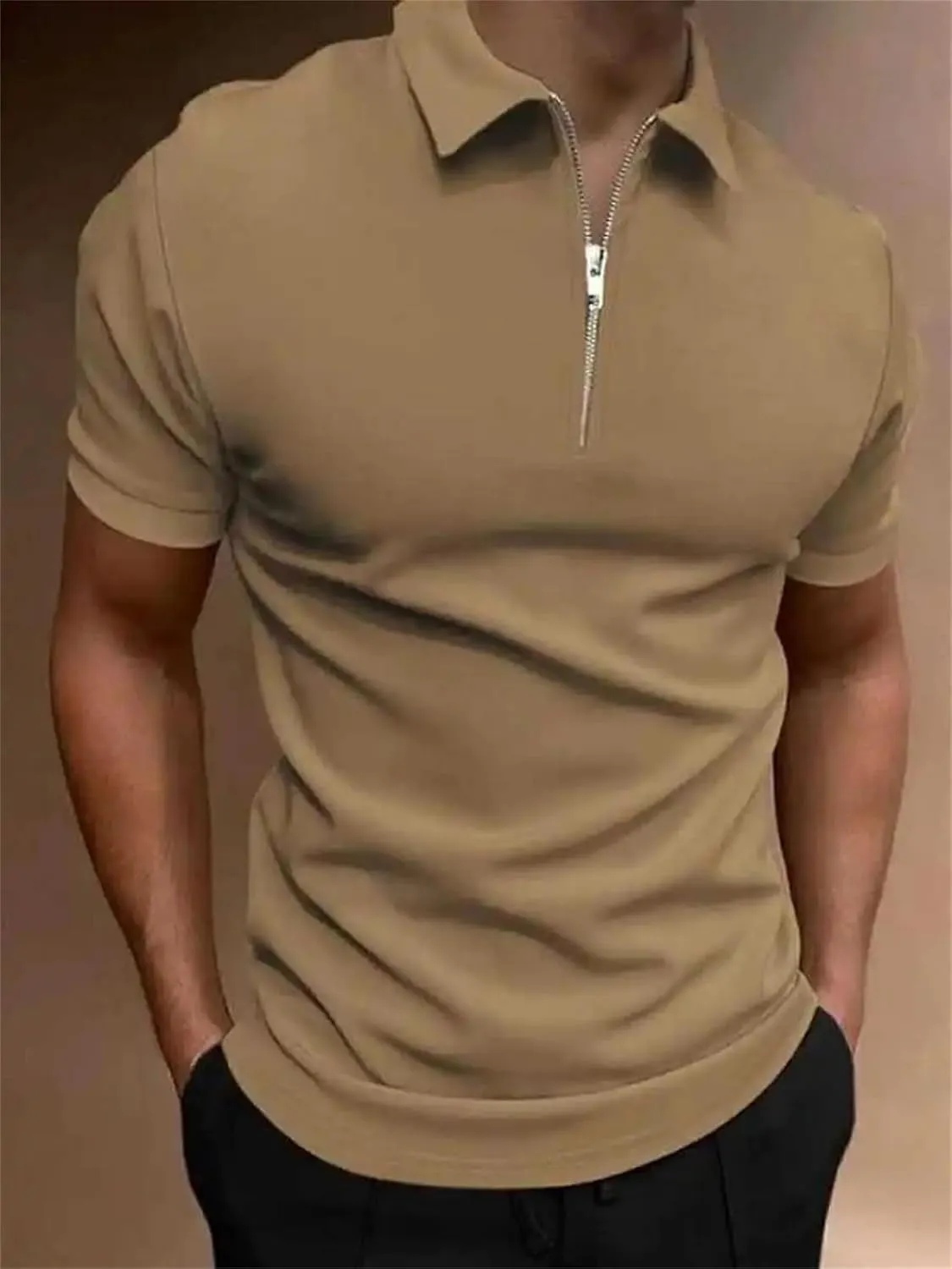 Men's Polo Shirt Short-Sleeved Zipper Turn-Down Collar T-Shirt Casual Top