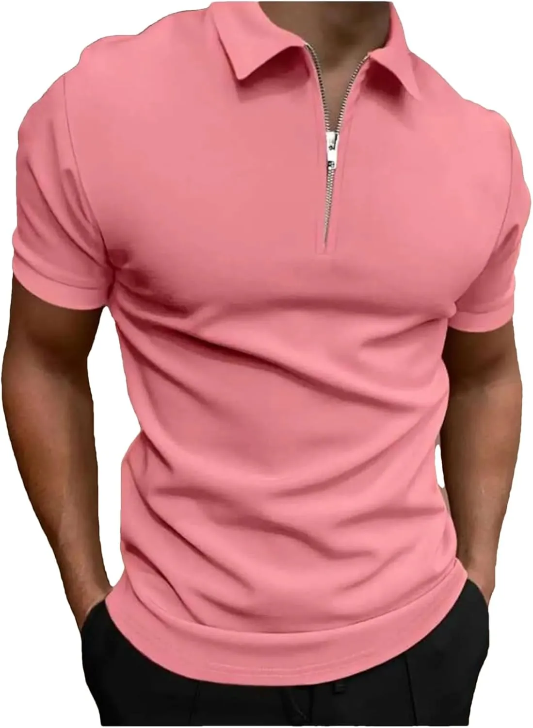 Men's Polo Shirt Short-Sleeved Zipper Turn-Down Collar T-Shirt Casual Top