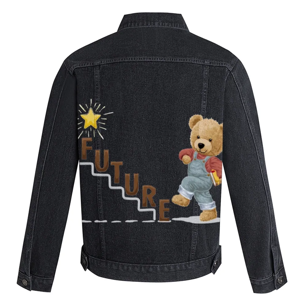 Mens Vintage Cartoon Cute Bear FUTURE Prints Denim Jacket