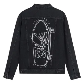 Mens Vintage Skate Cartoon Prints Skate Board For Life Denim Jacket