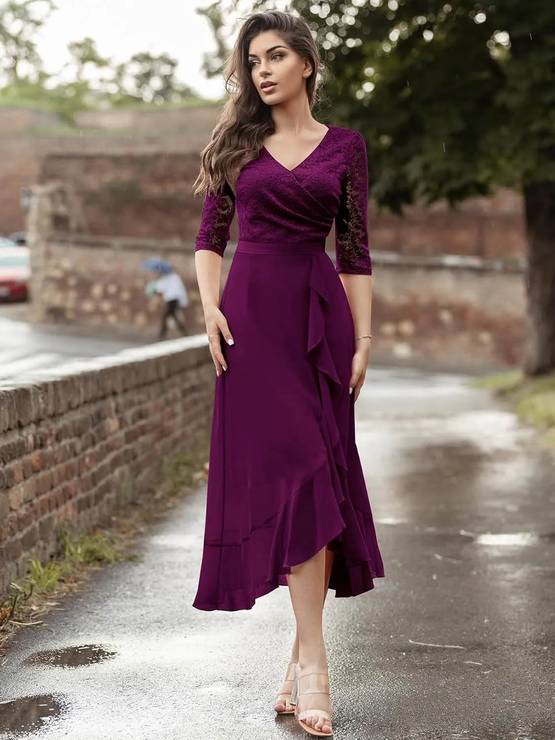Miusol Women's V-Neck Floral Lace Classy Ruffle Design Wedding Party Maxi Dress
