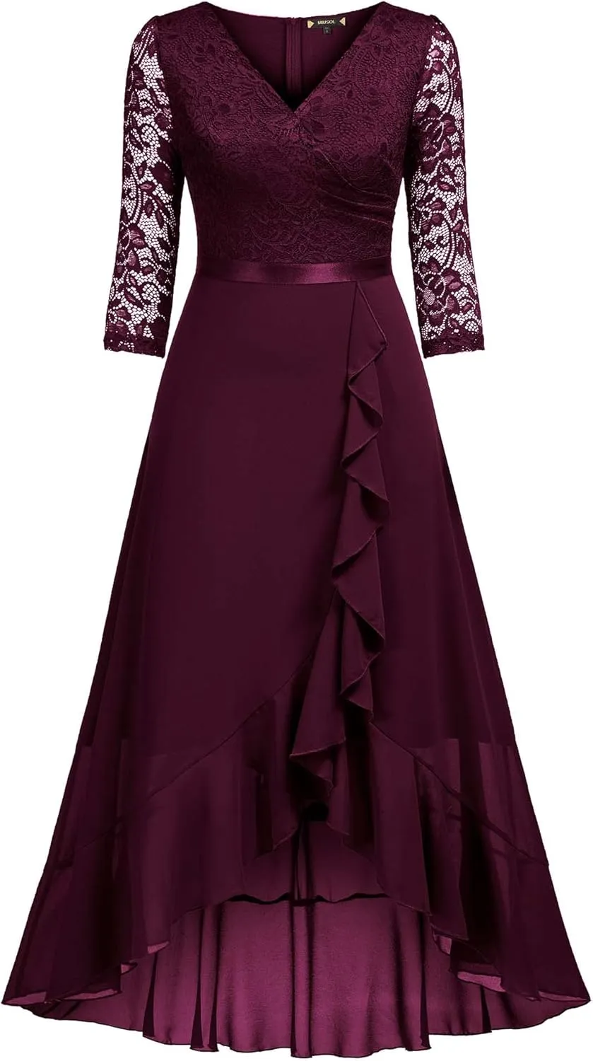Miusol Women's V-Neck Floral Lace Classy Ruffle Design Wedding Party Maxi Dress