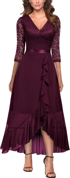 Miusol Women's V-Neck Floral Lace Classy Ruffle Design Wedding Party Maxi Dress