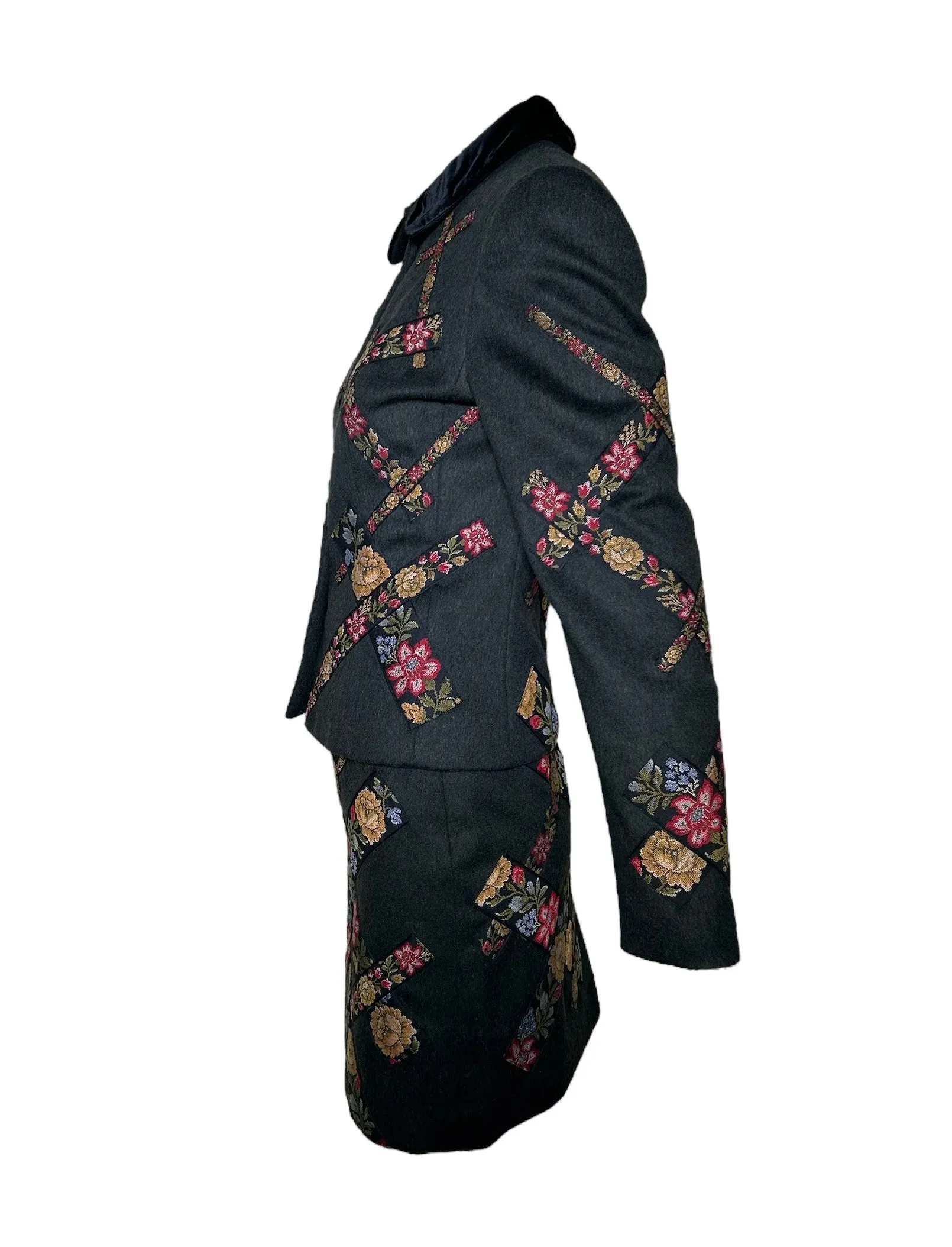 Moschino 1990s Cheap and Chic Wool Suit Ensemble w/Petit-Point Floral Trim, New/Old