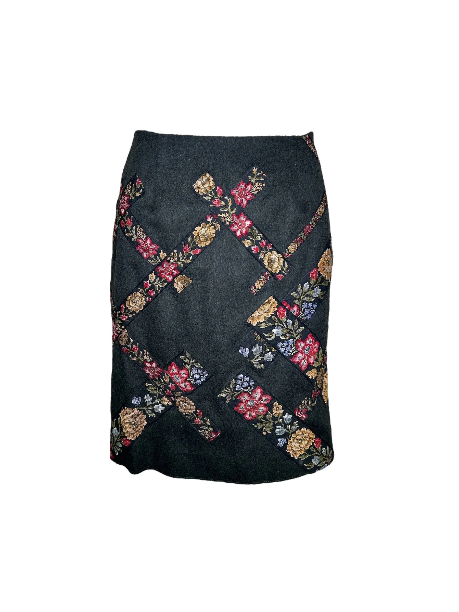 Moschino 1990s Cheap and Chic Wool Suit Ensemble w/Petit-Point Floral Trim, New/Old